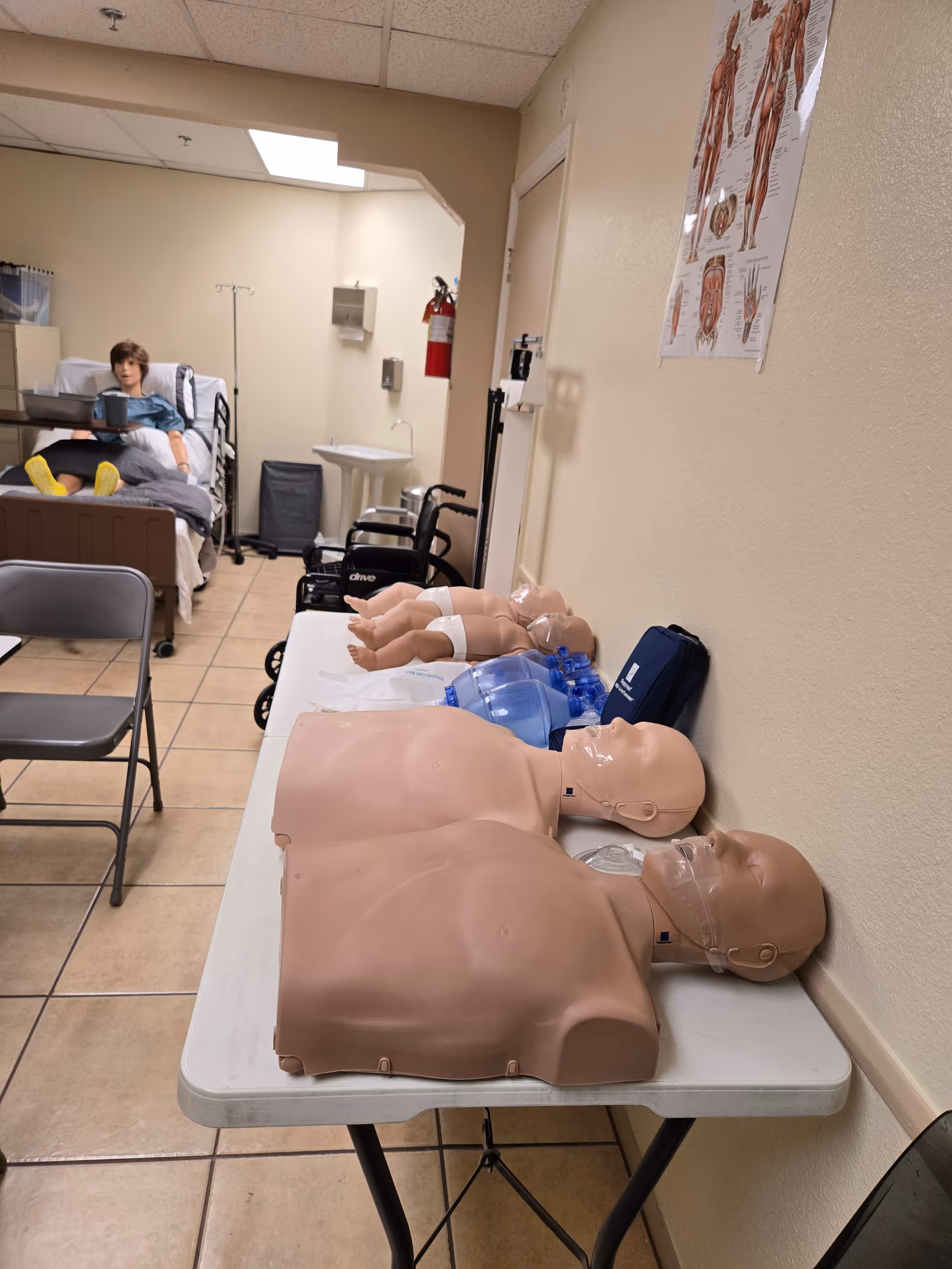 Medical training room with CPR mannequins on a table and a patient bed in the background