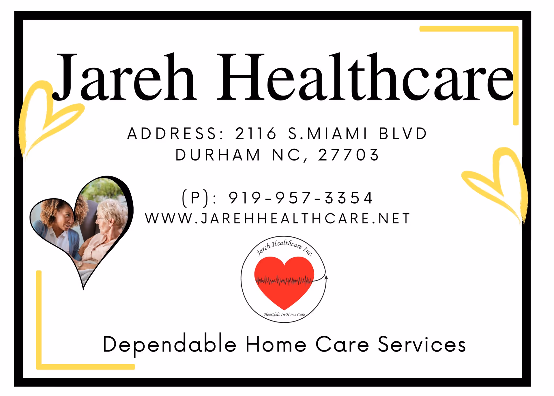Sign for Jareh Healthcare, Inc. with address, phone, and heart logos.