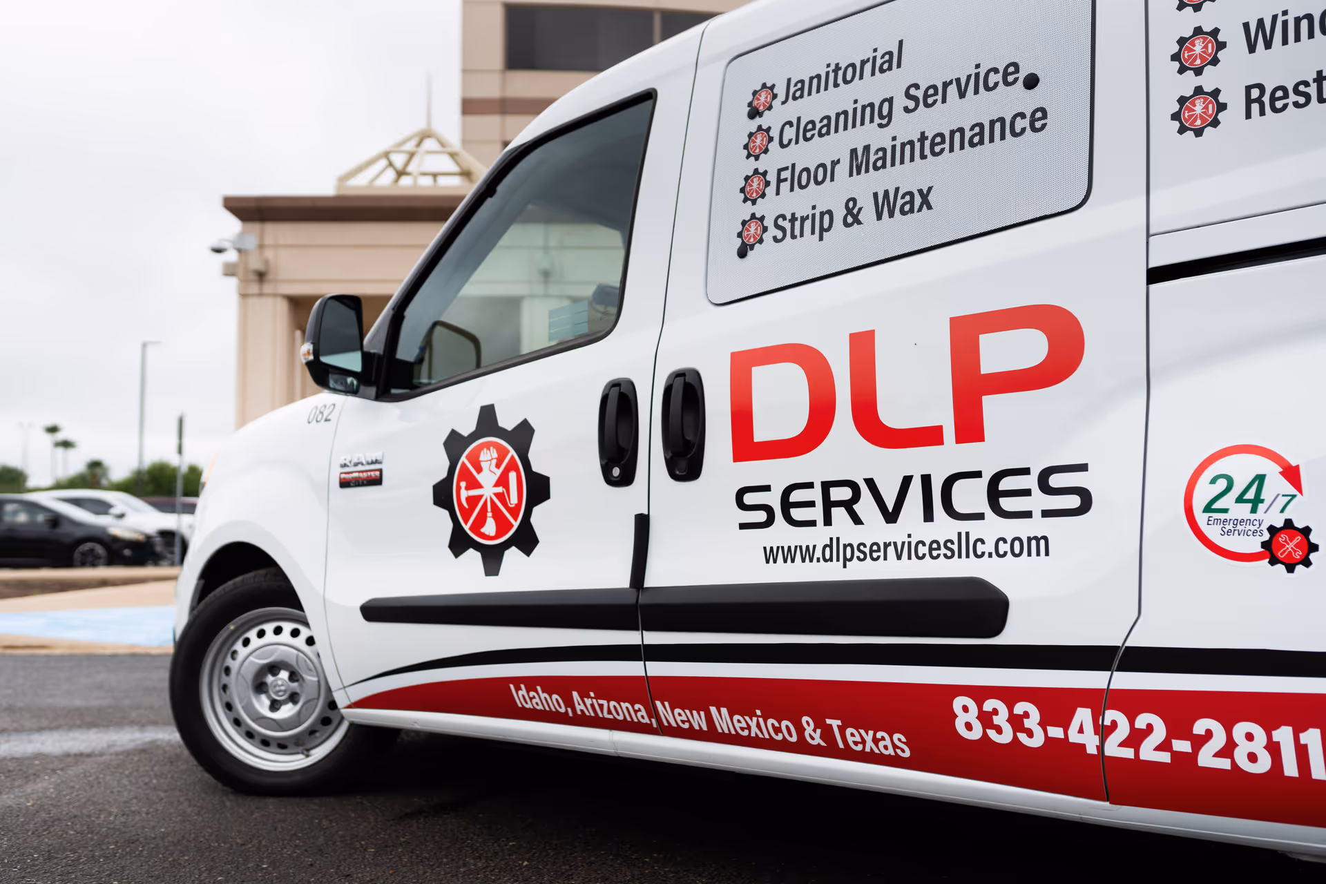 White DLP Services van parked outside a senior facility with service listings