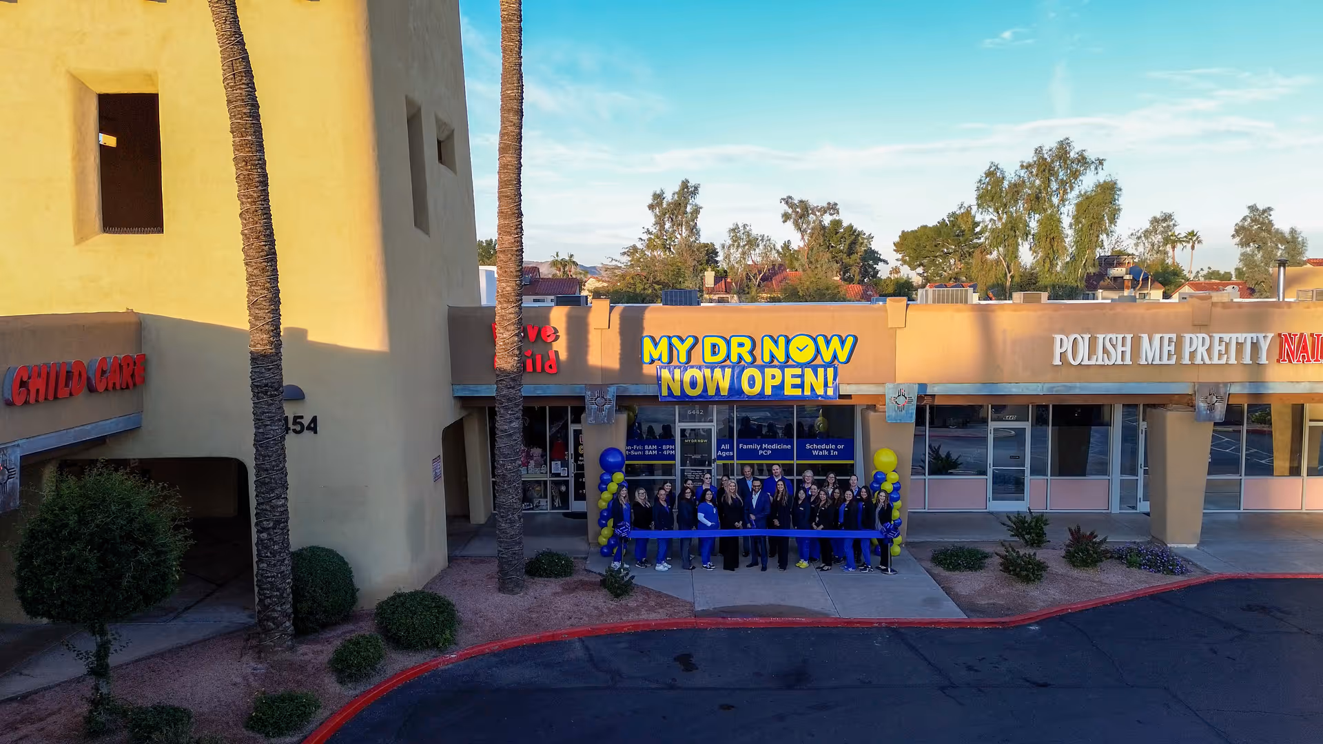 Exterior storefronts show a MY DR NOW clinic with a ribbon-cutting crowd.