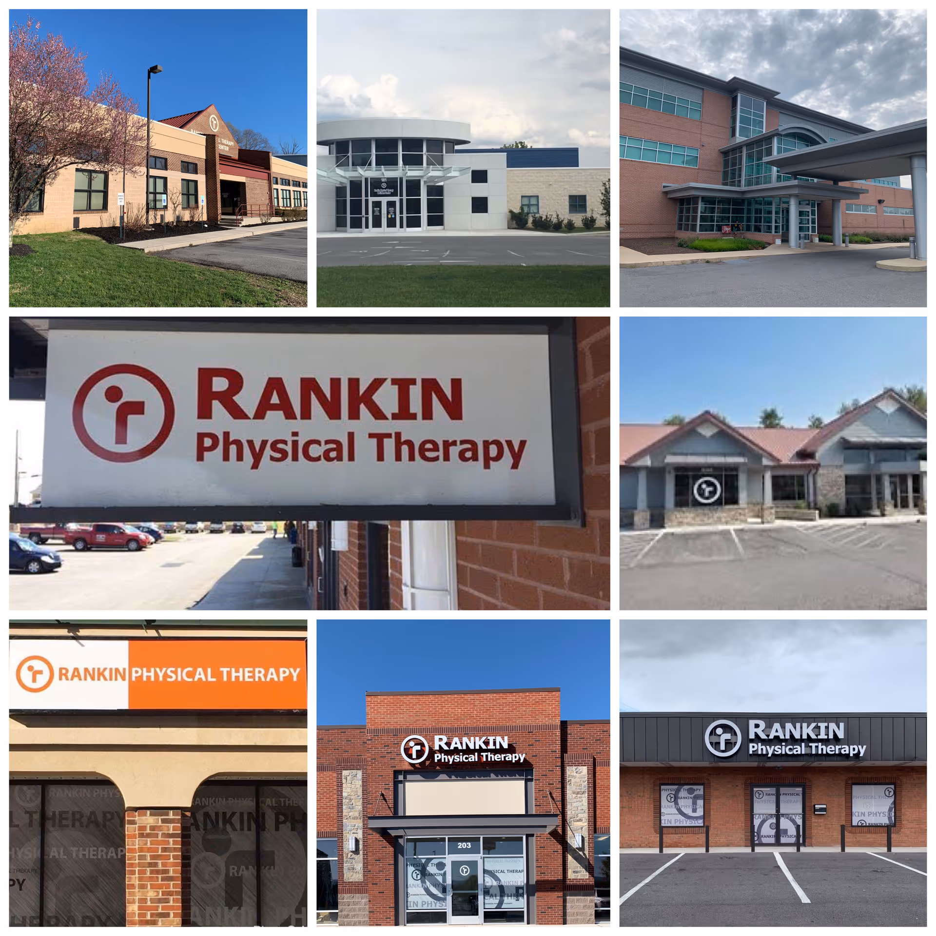 Collage showing various Rankin Physical Therapy facility exteriors and signs