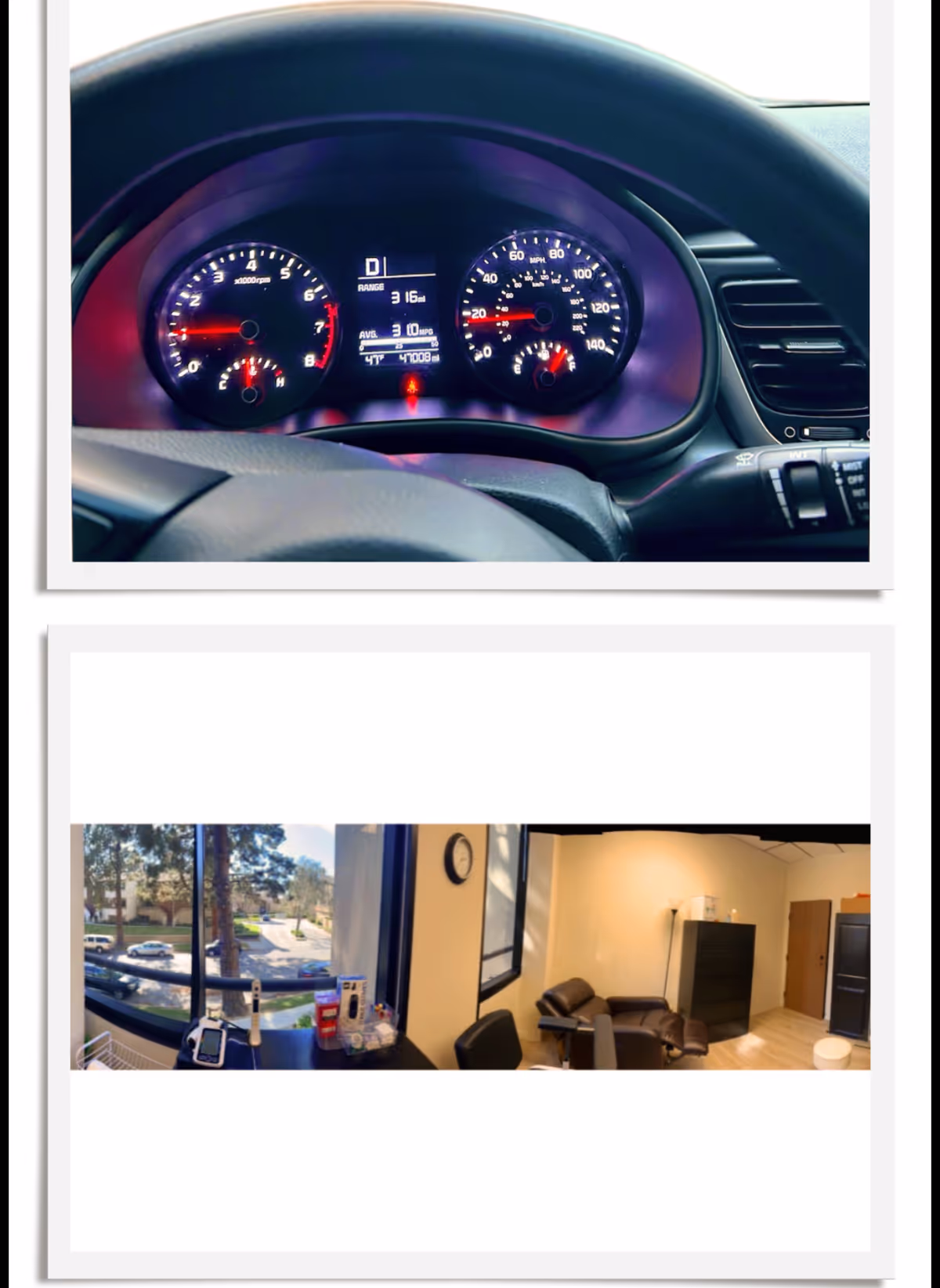 A car dashboard is shown above a clinic waiting area with black chairs.