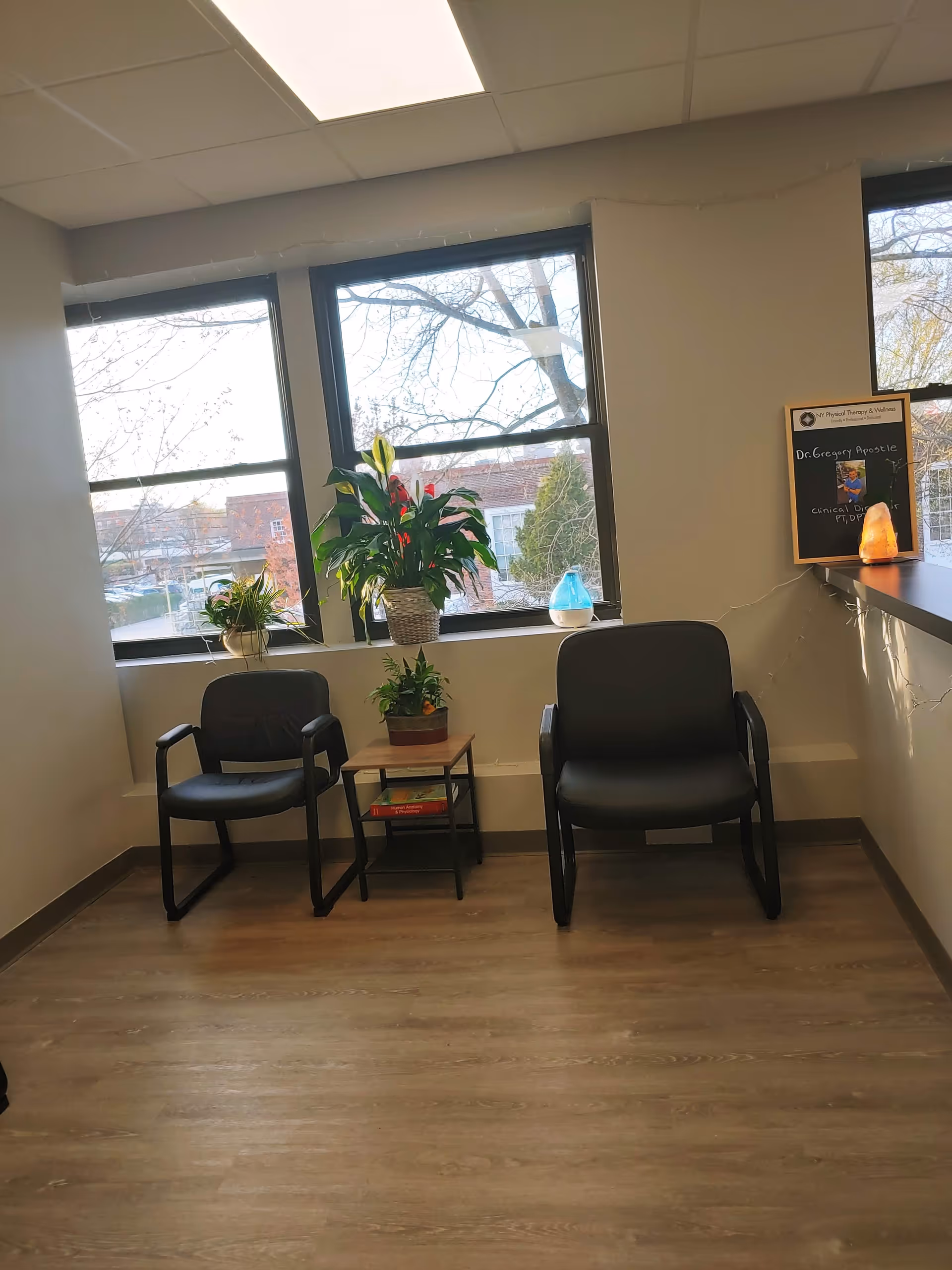 Two black chairs sit in a small lounge by windows with plants and a bulletin board.