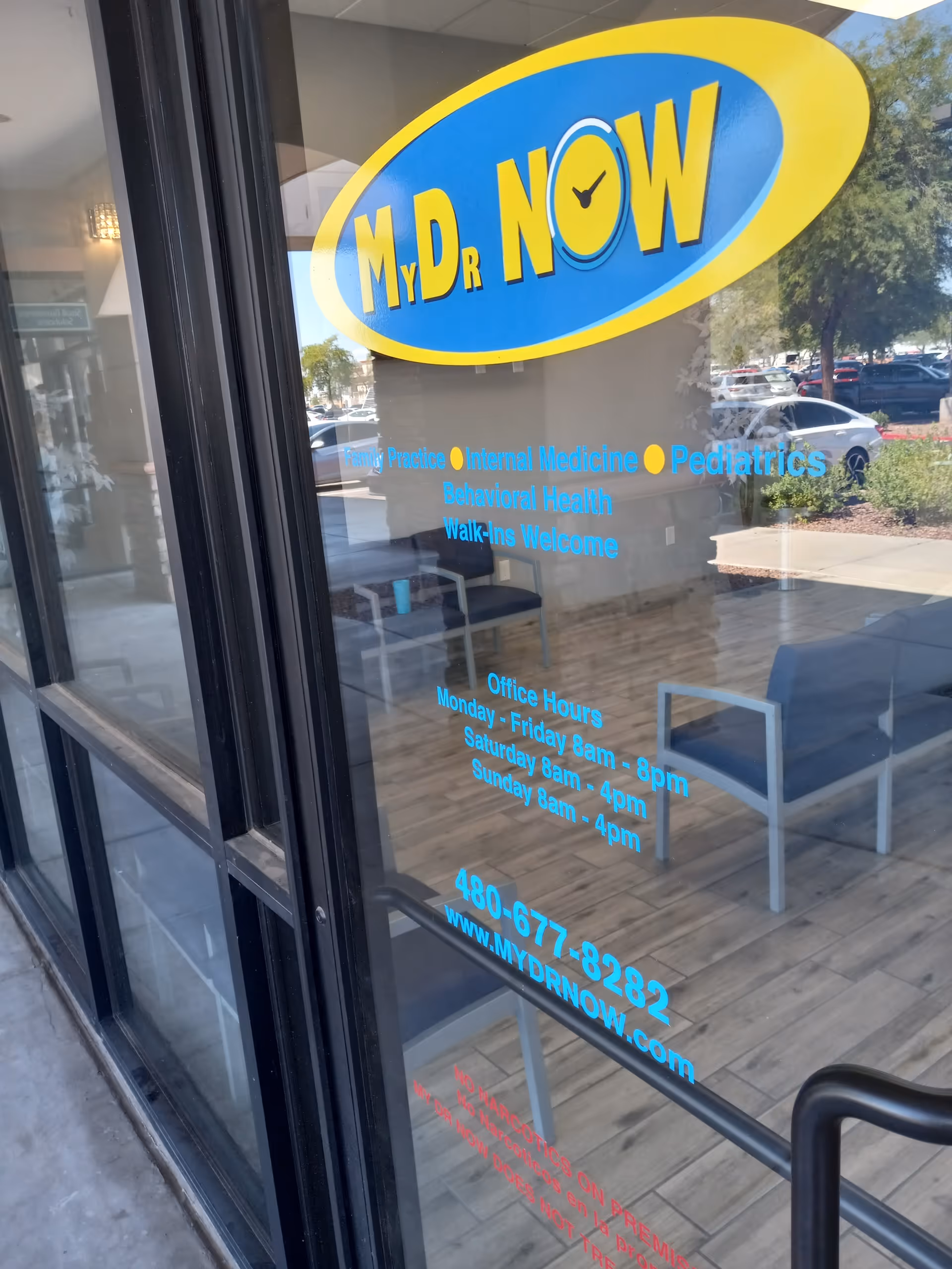 Front glass storefront with My Dr Now sign and visible interior chairs.