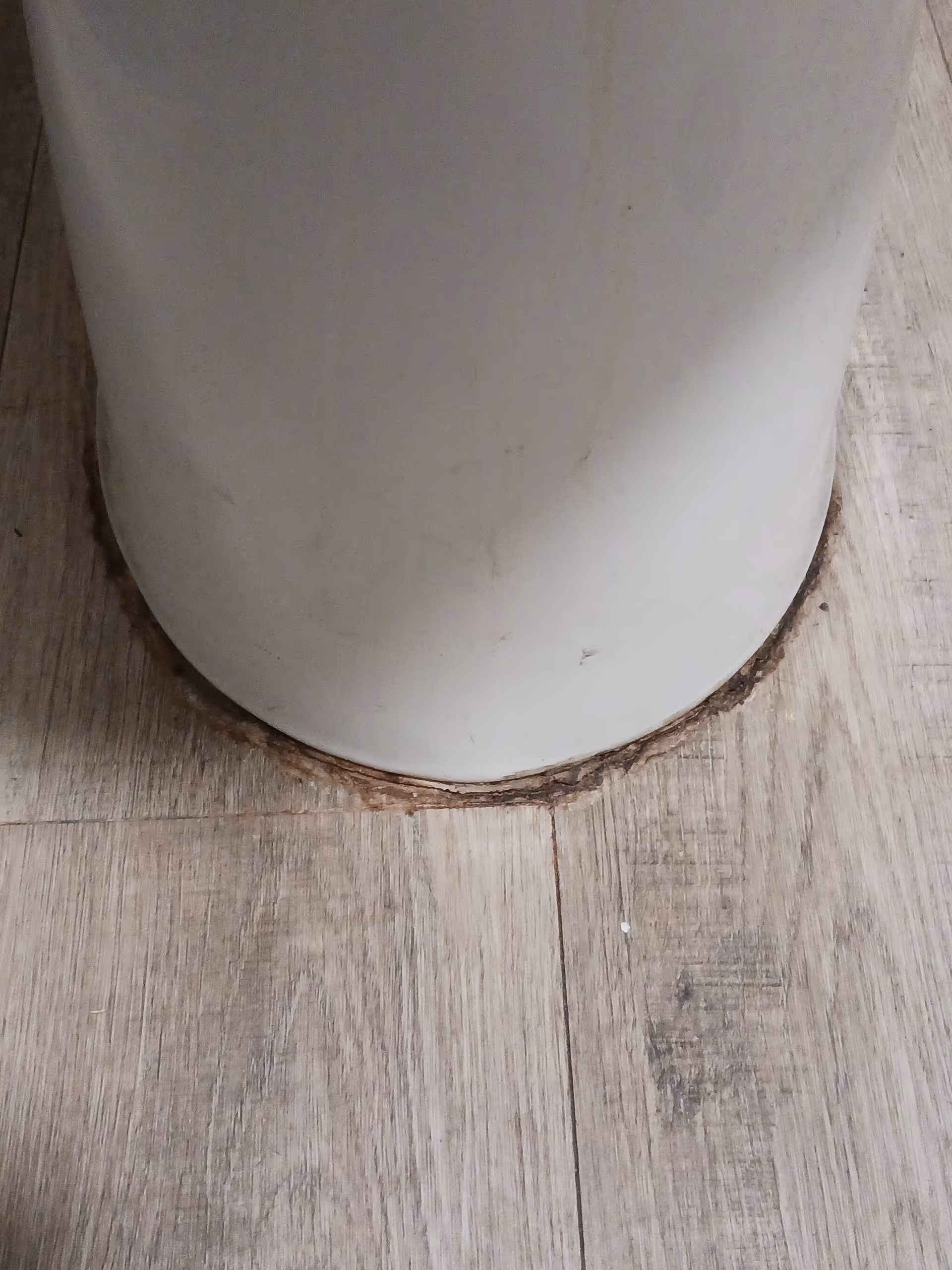 Close-up of a white curved column base on worn wooden floor.