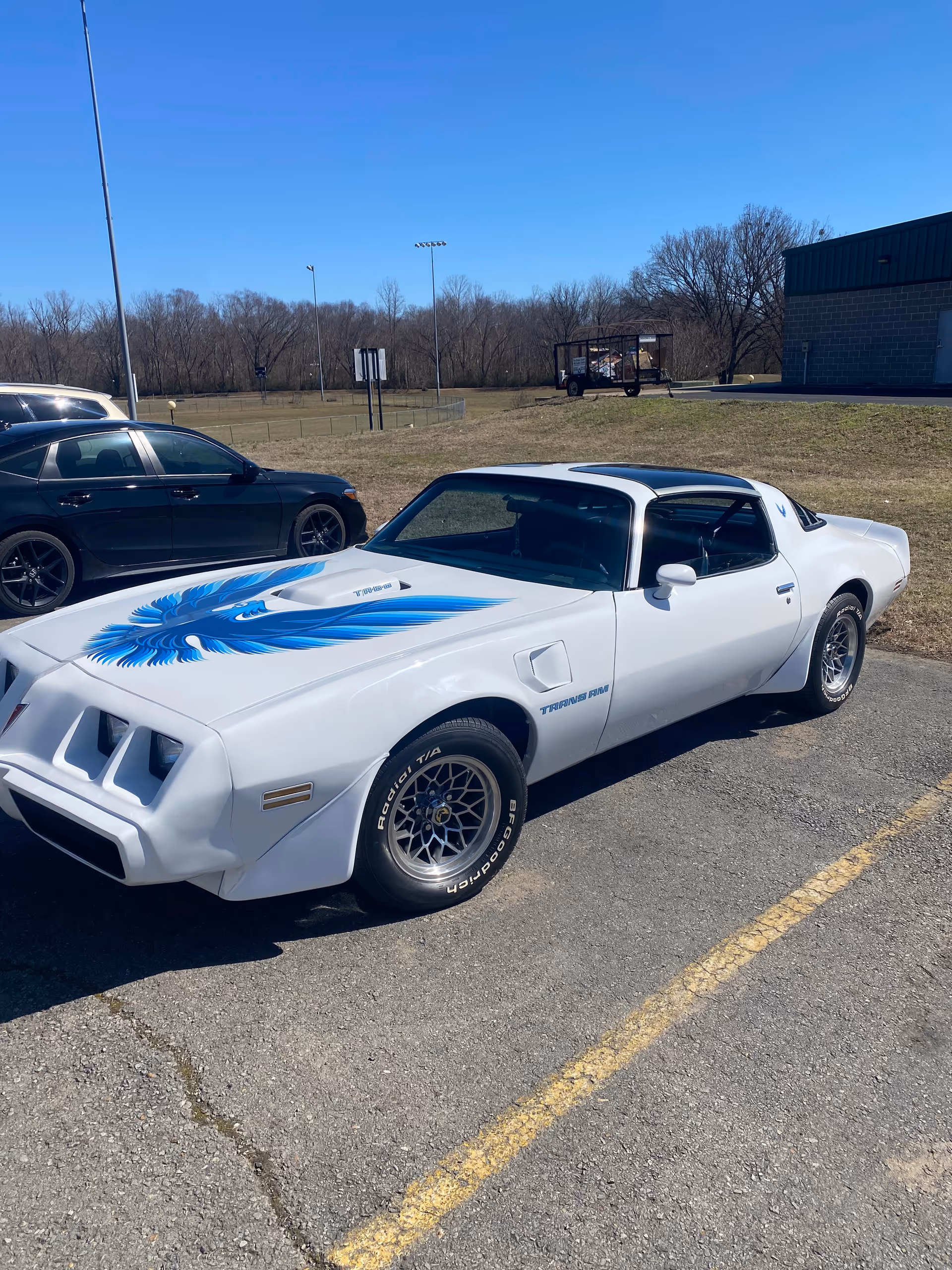 White Pontiac Trans Am with blue hood flames parked in a sunny outdoor lot.