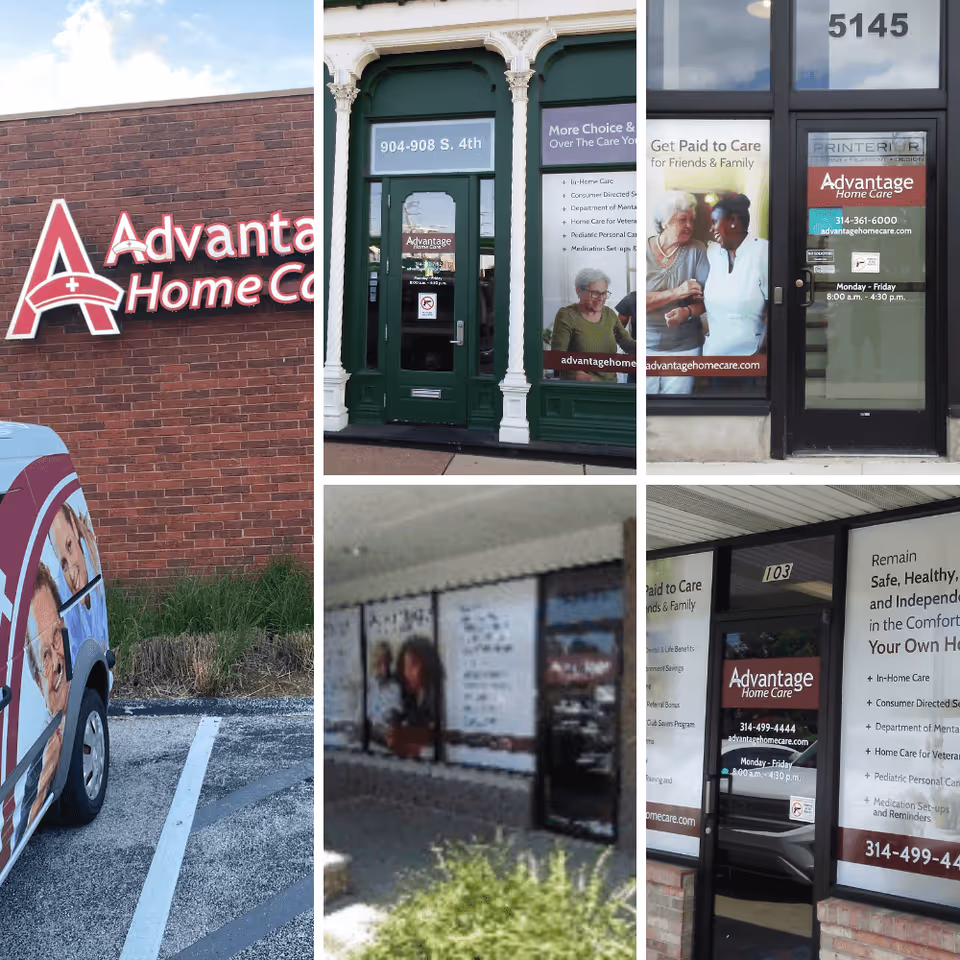 Exterior collage of Advantage Home Care storefronts, signage, and branded van.