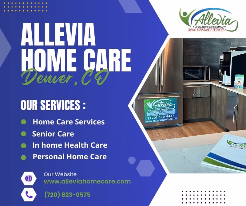 Blue promotional flyer featuring a modern kitchen image and Allevia Home Care Denver branding.