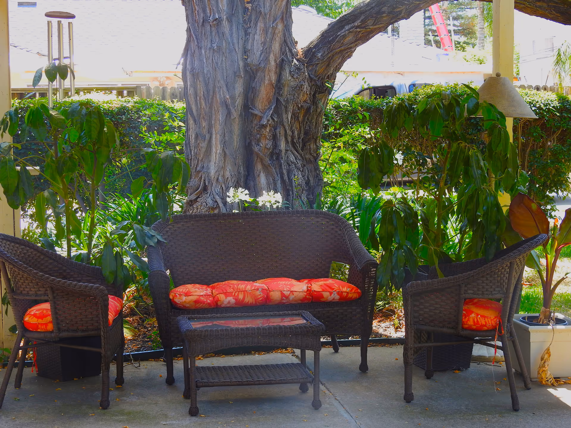 An outdoor patio with wicker seating and a tree, featuring red-cushioned chairs under shade.