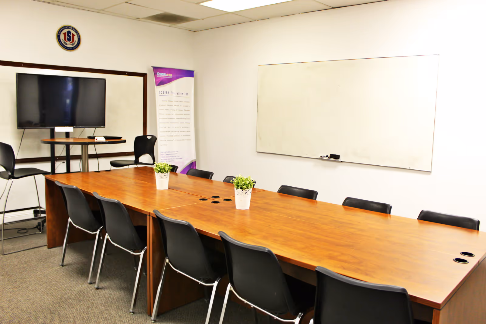 A long conference table with chairs, a whiteboard, TV screen, and plants indoors.