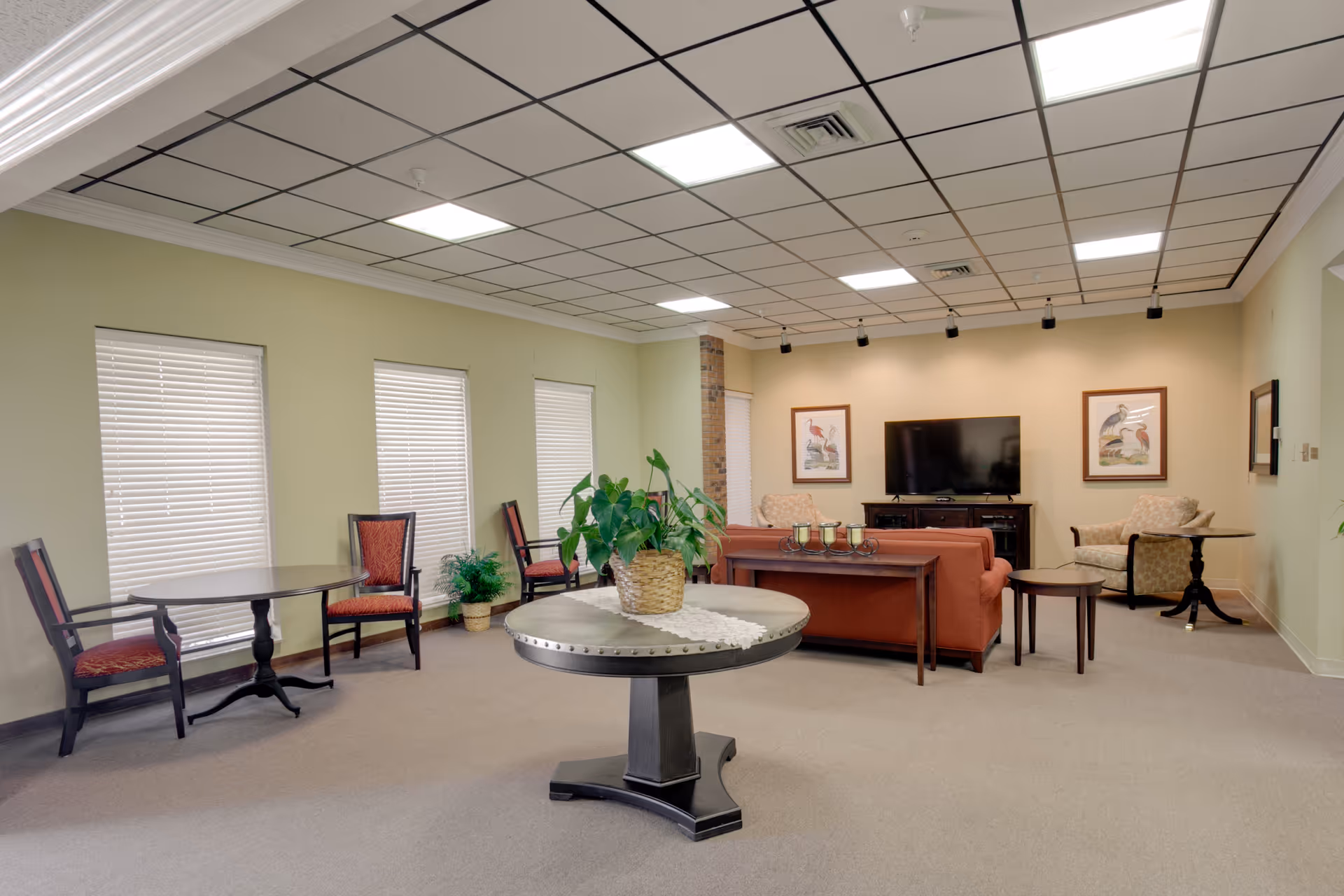 A spacious senior living lounge with sofas, tables, plants, and a wall-mounted TV.