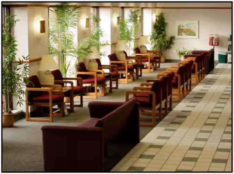 Van Buren County Hospital lobby with rows of chairs, plants, and lamps.