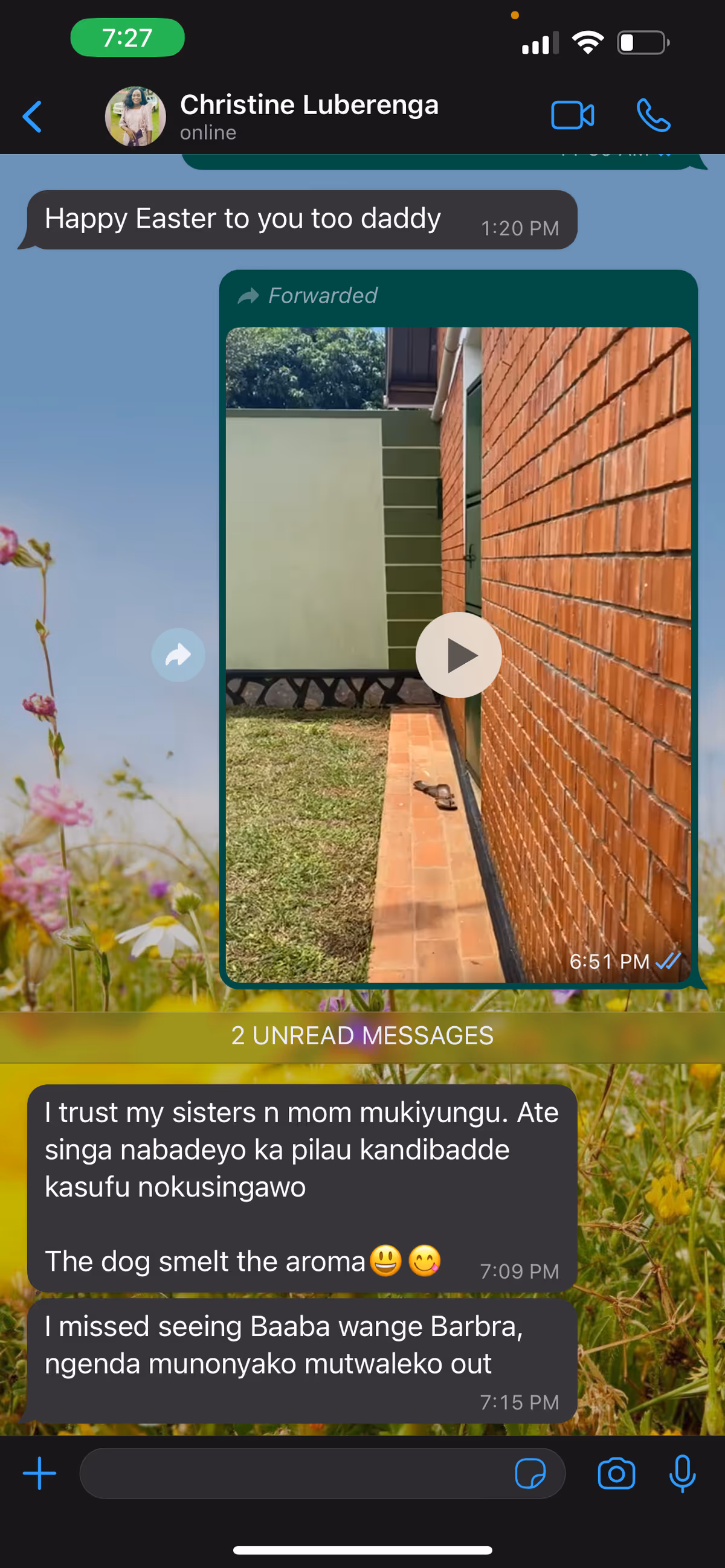 Video thumbnail of an outdoor courtyard with a brick wall inside a chat screen.