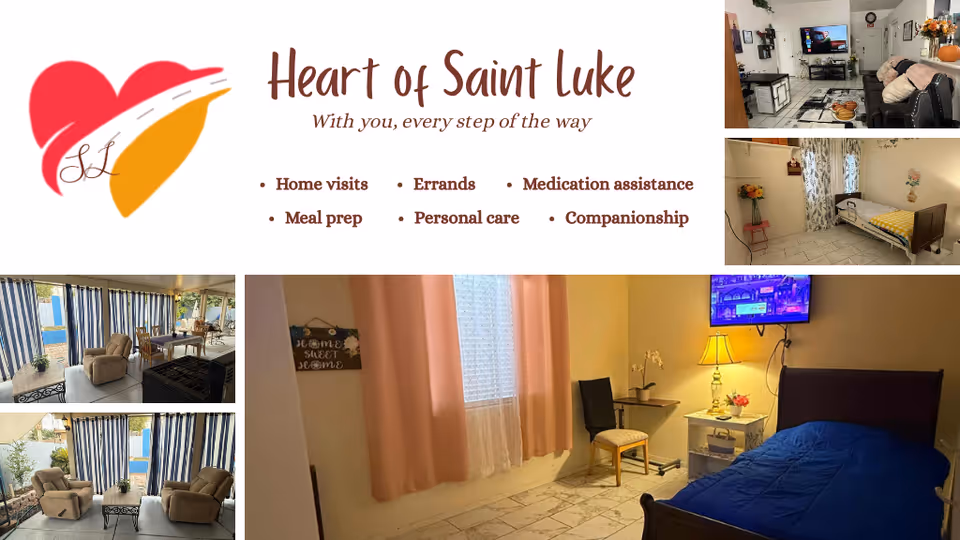 Collage showing living areas and a bedroom at Heart of Saint Luke Care Home