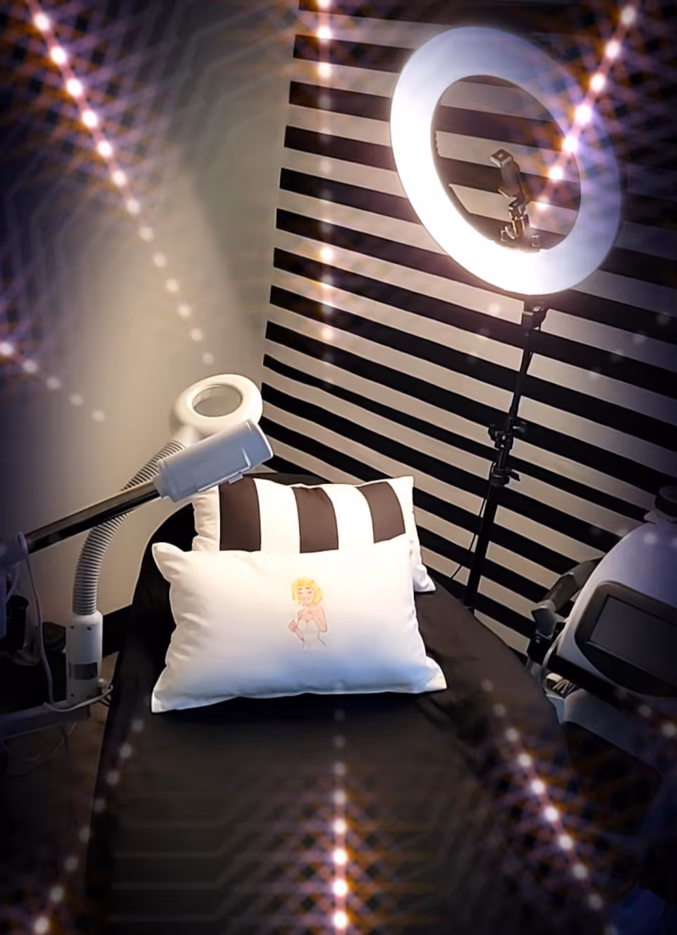 Treatment room with ring light, striped wall, and a beauty bed with decorative pillow.