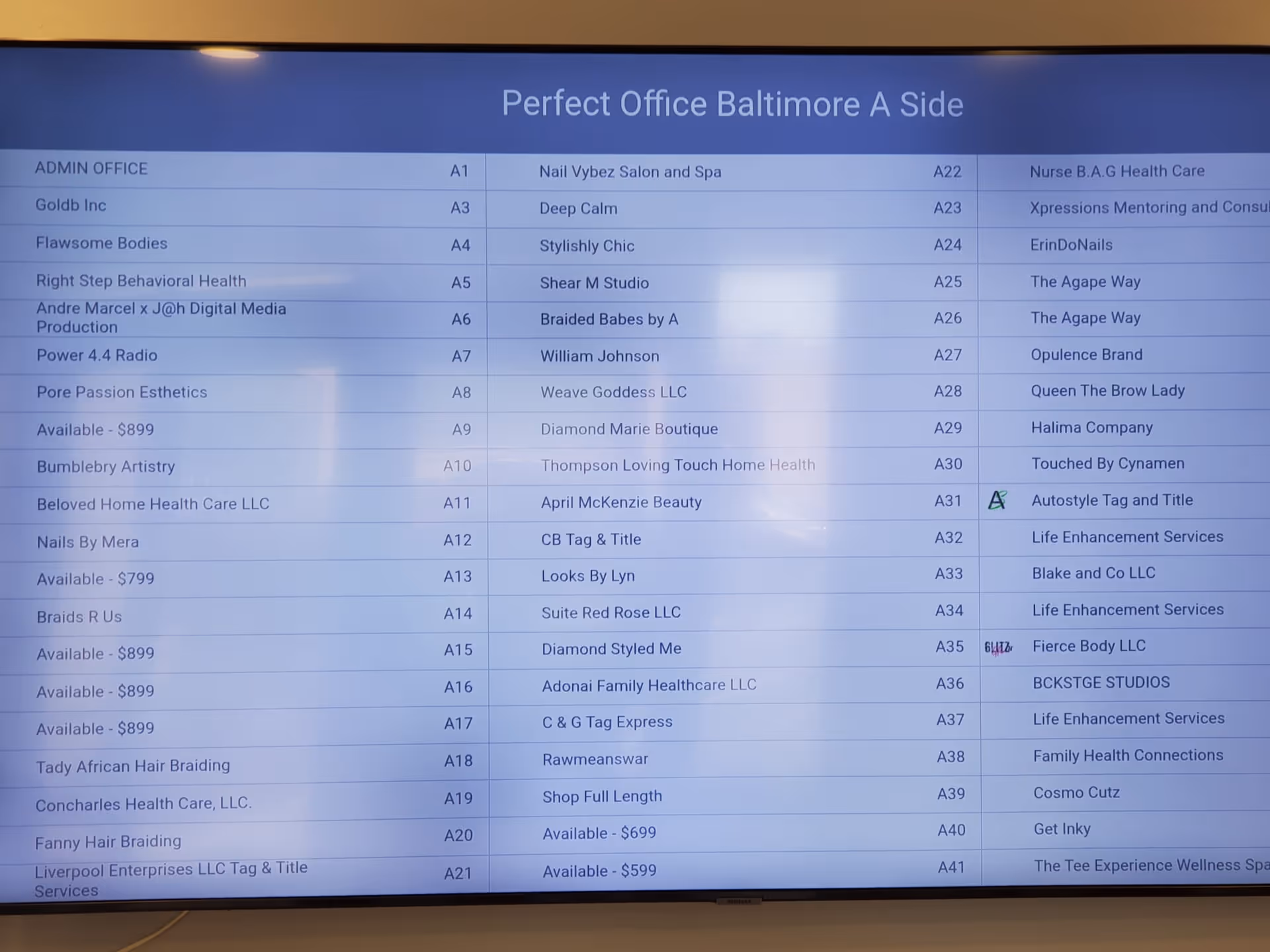 Interior directory board listing tenant names and suite numbers, including Beloved Home Health Care LLC.