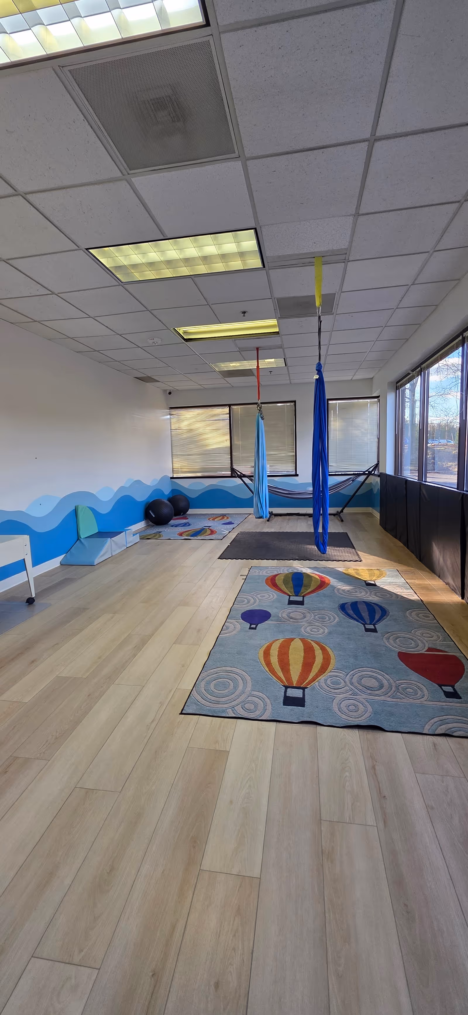 An indoor room with suspended fabric swings and colorful play mats.