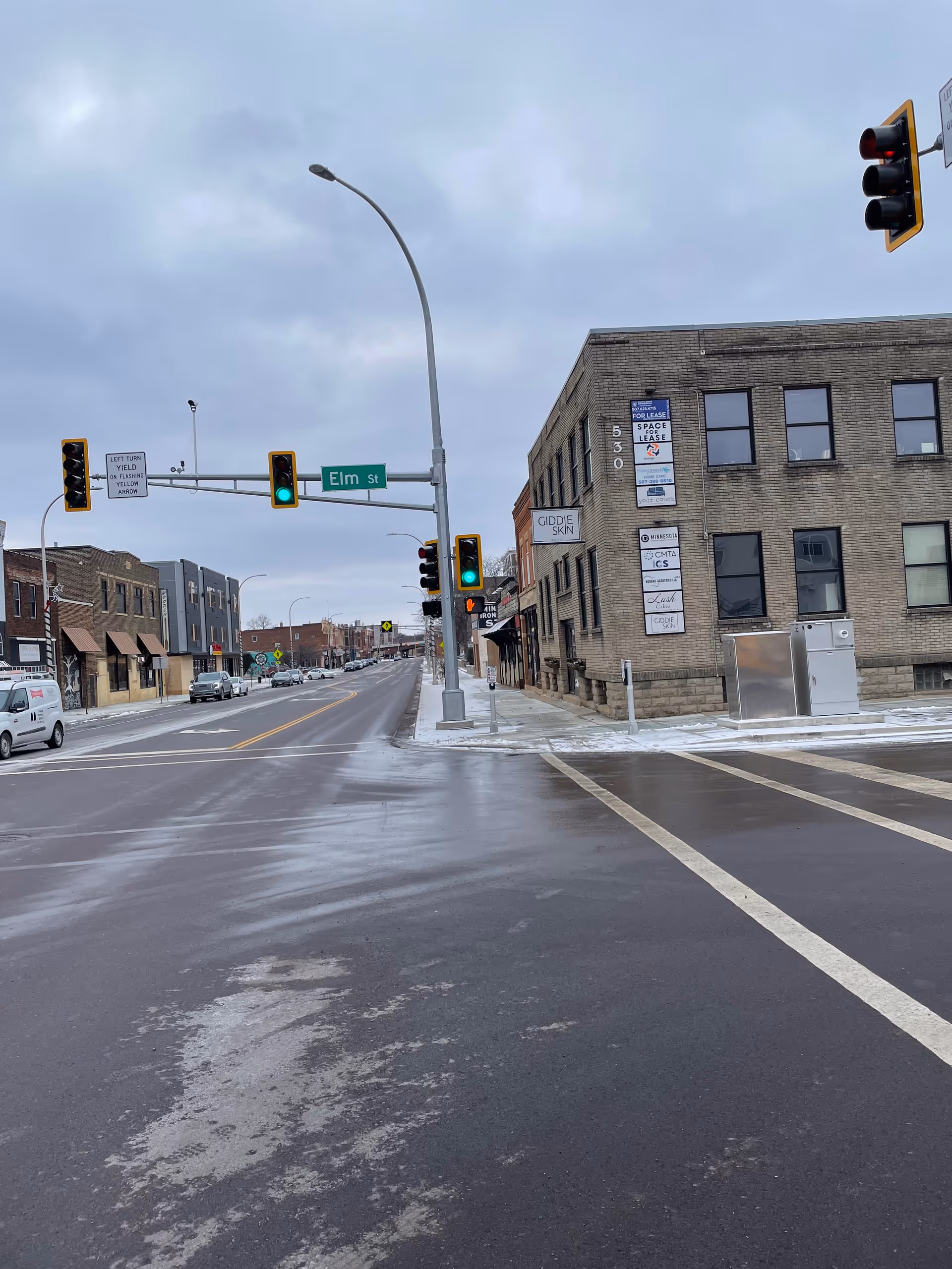 Urban intersection with traffic lights, Elm Street sign, brick buildings, and wet street surface.