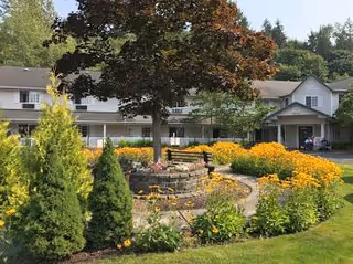 Circular stone fountain surrounded by yellow flowers in a landscaped outdoor garden with a building backdrop.