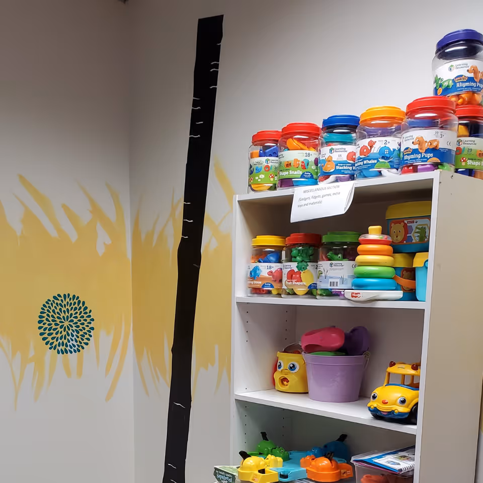 Shelf filled with colorful toys and containers in a play area of a senior facility.