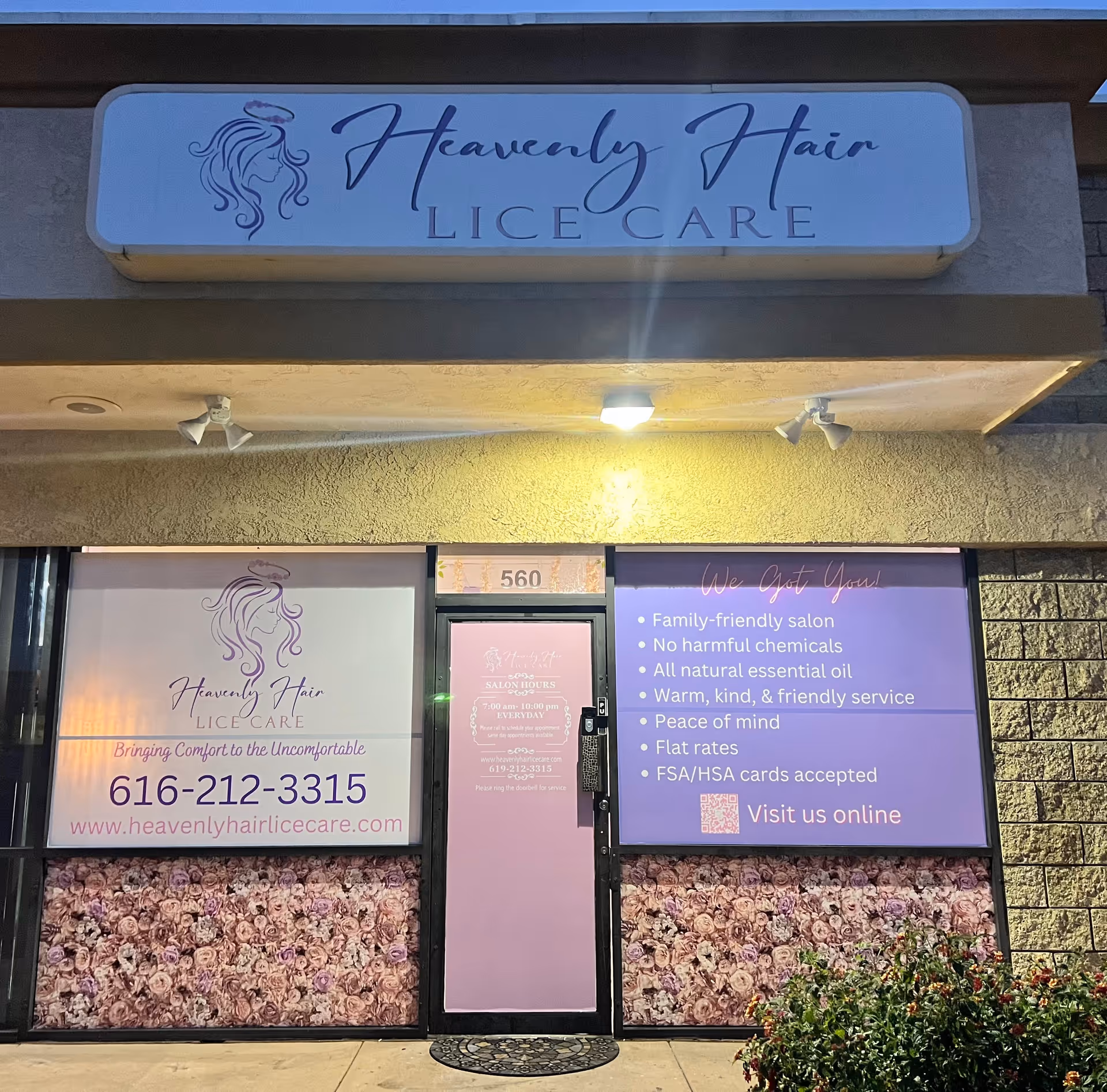 Front of a salon storefront displaying Heavenly Hair Lice Care signage and purple window graphics.