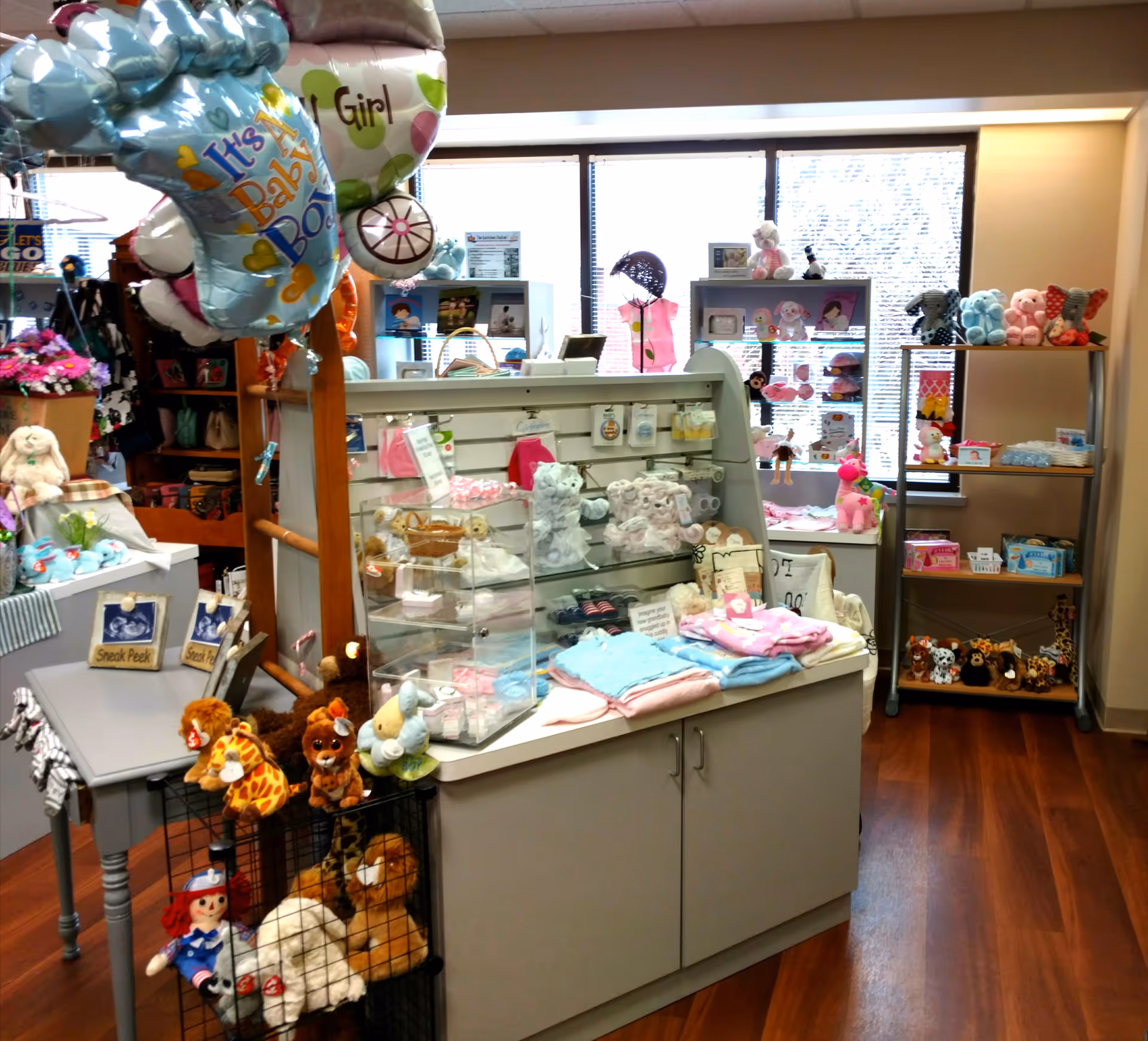 Indoor gift shop with stuffed animals, toys, and display shelves near windows.