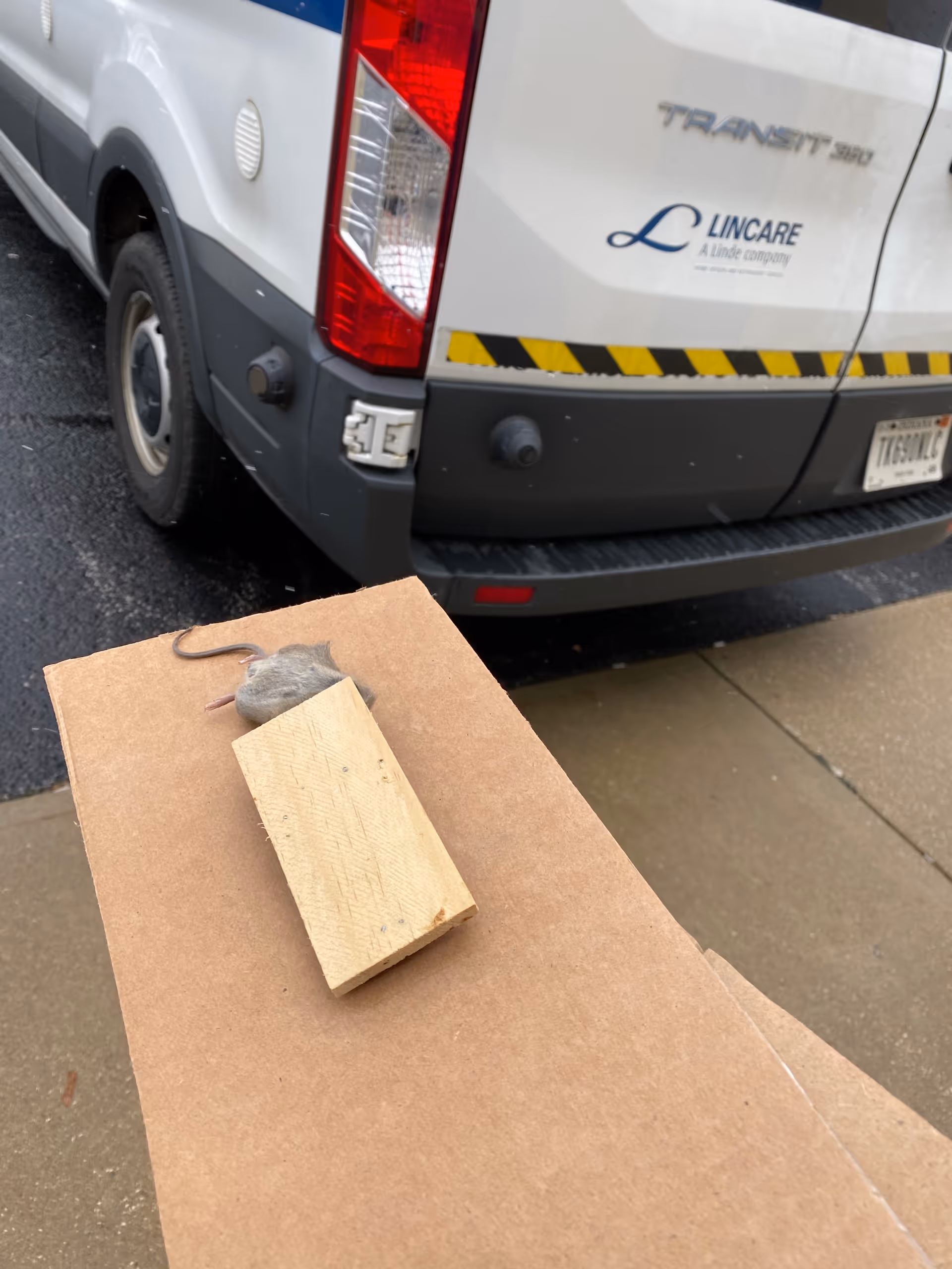 Exterior LINCARE van parked on wet pavement with a wooden block on cardboard nearby.