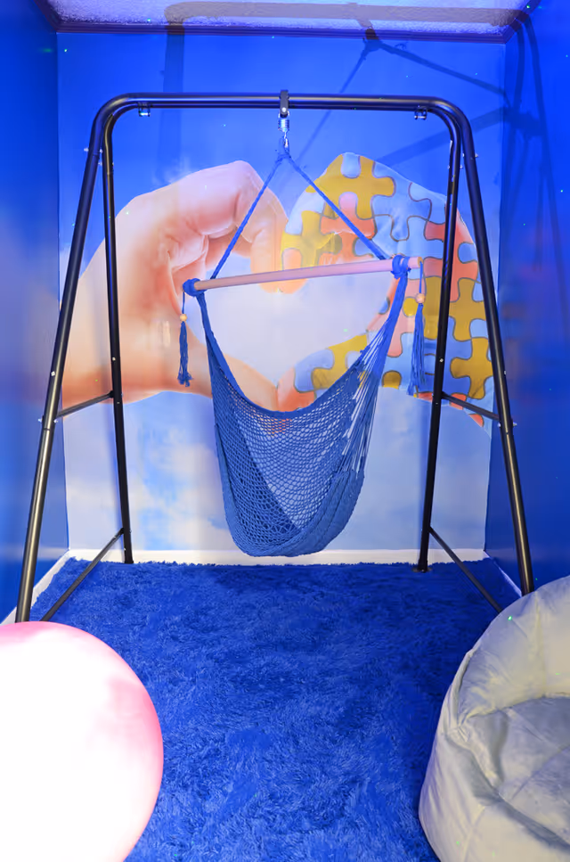 Blue interior sensory room with a hanging hammock, puzzle art, and carpet.