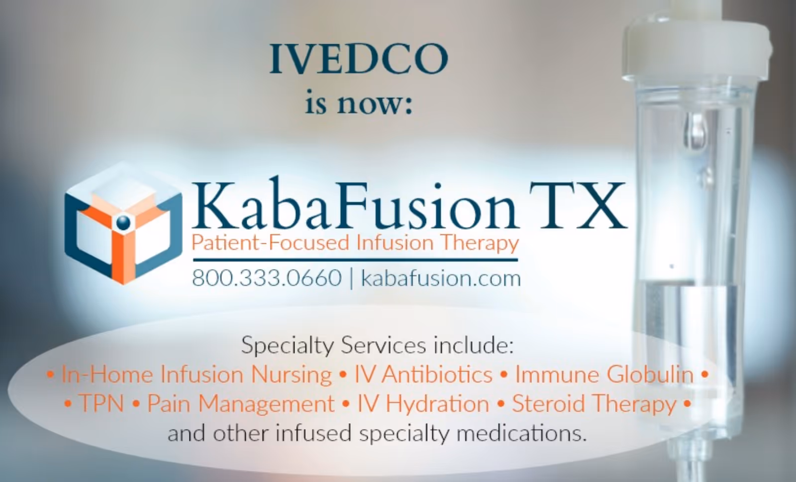 Close-up banner for KabaFusion TX infusion therapy with IV equipment.