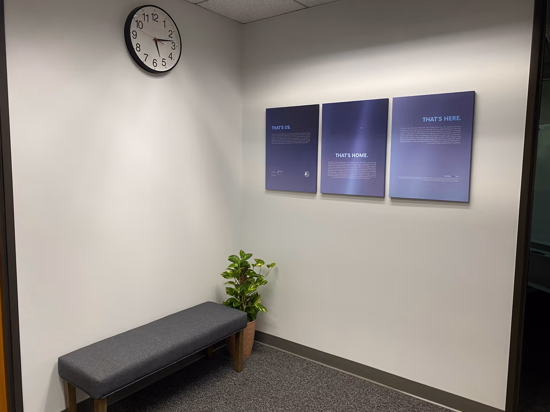 A small interior waiting area with a gray bench, plant, clock, and three blue wall panels.