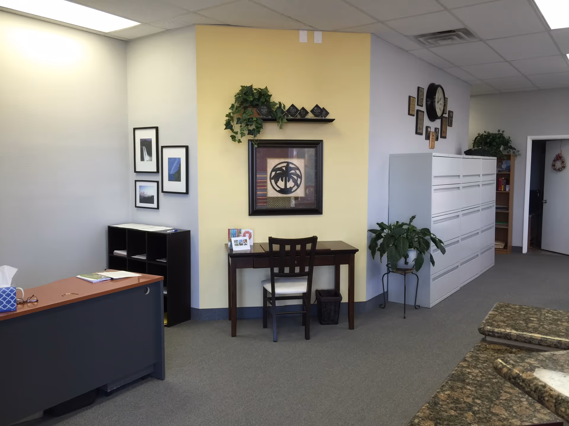 Reception area of a Comfort Keepers lobby with desk, chair, plants, and filing cabinets.