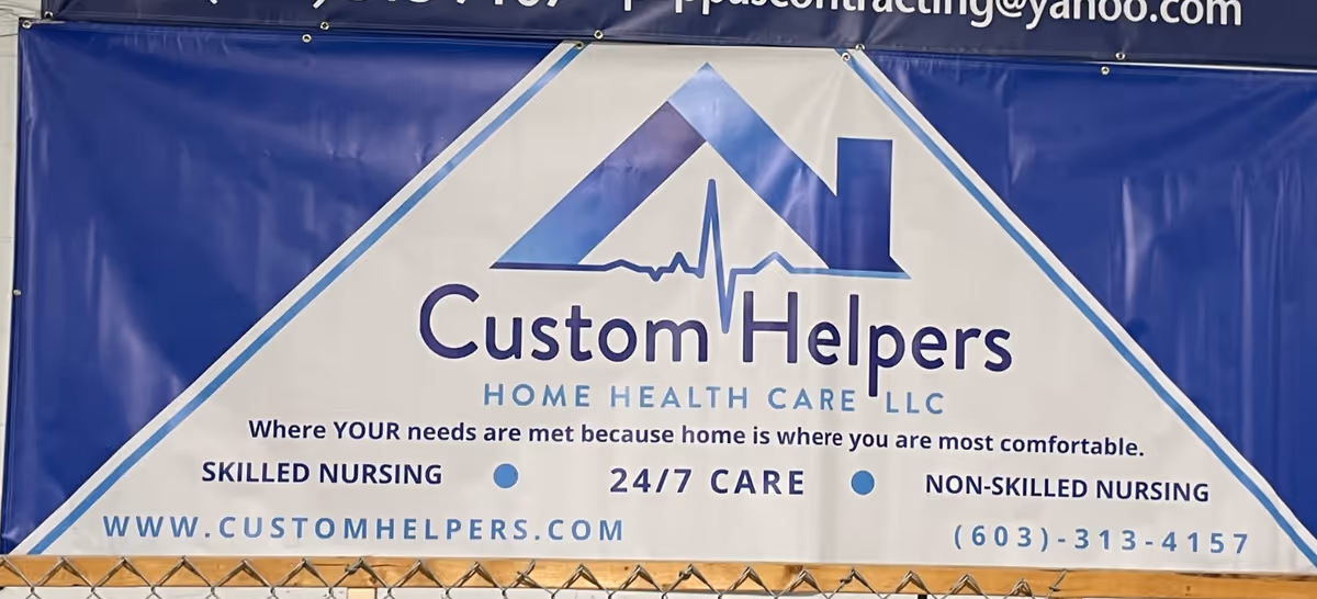 Blue and white banner advertising Custom Helpers Home Health Care LLC with contact details.