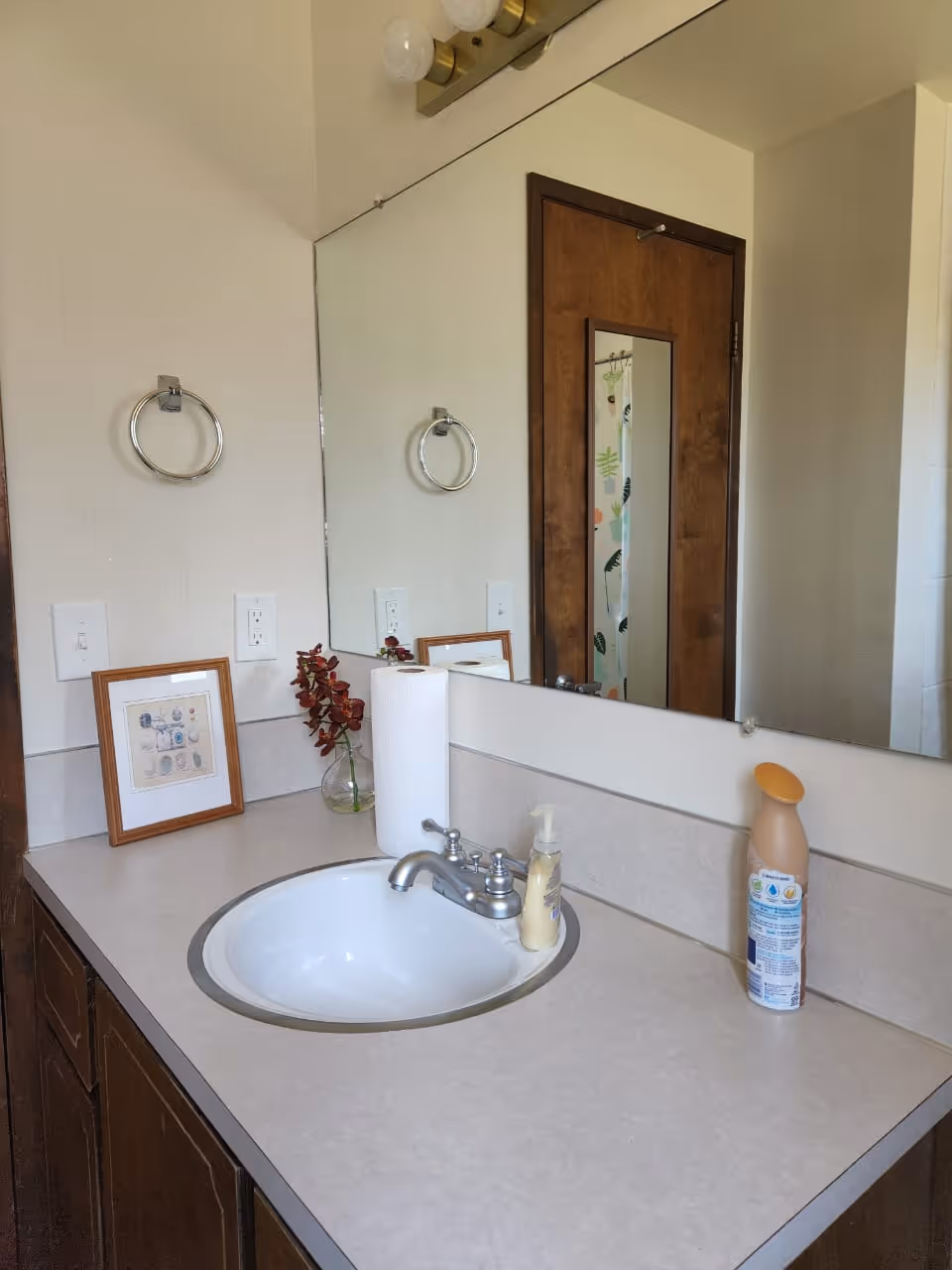 Bathroom vanity with sink, mirror, soap dispenser, framed photos, and a roll of paper towels.