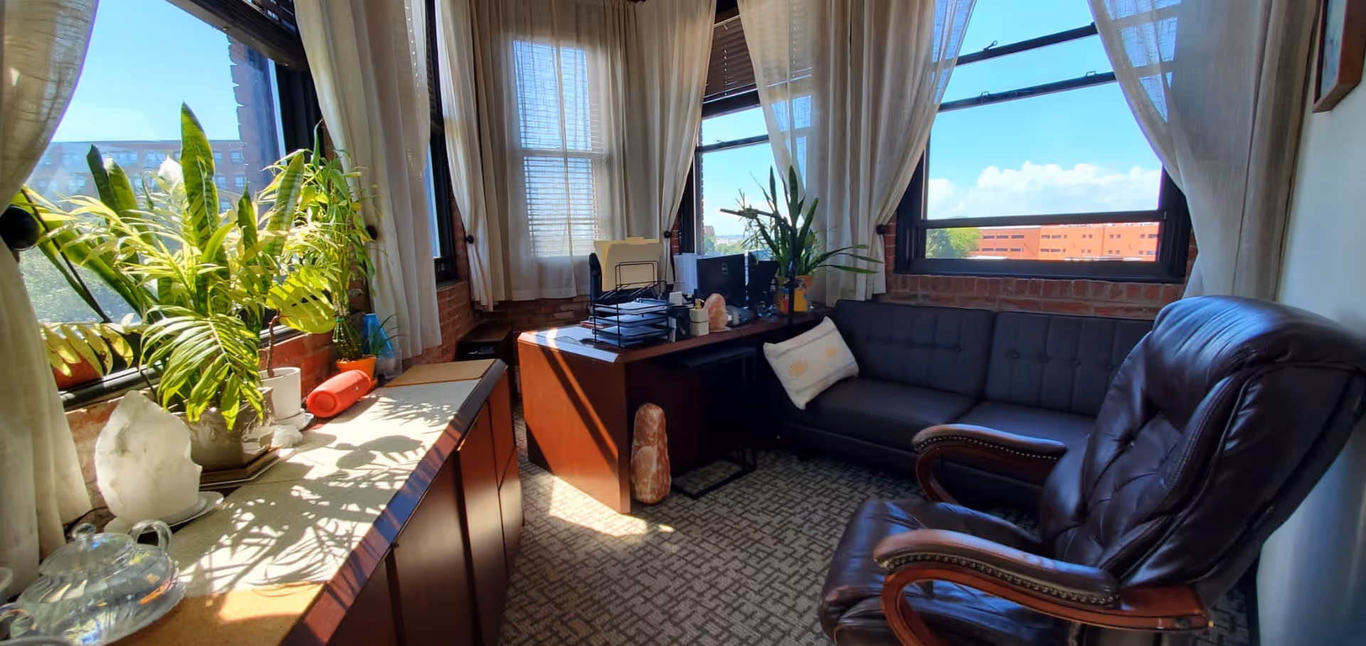 Sunlit living area with desk, plants, large windows, and leather seating.