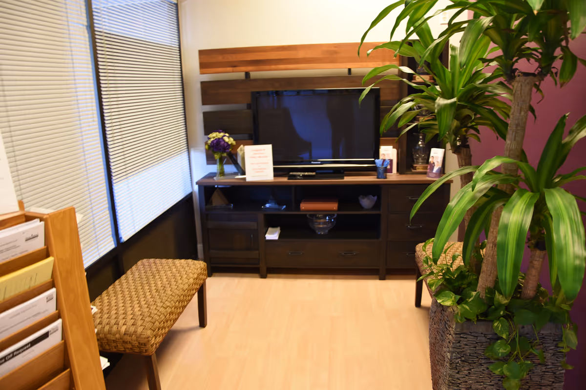 Living room-style reception area with TV stand, plants, bench, and large window blinds.