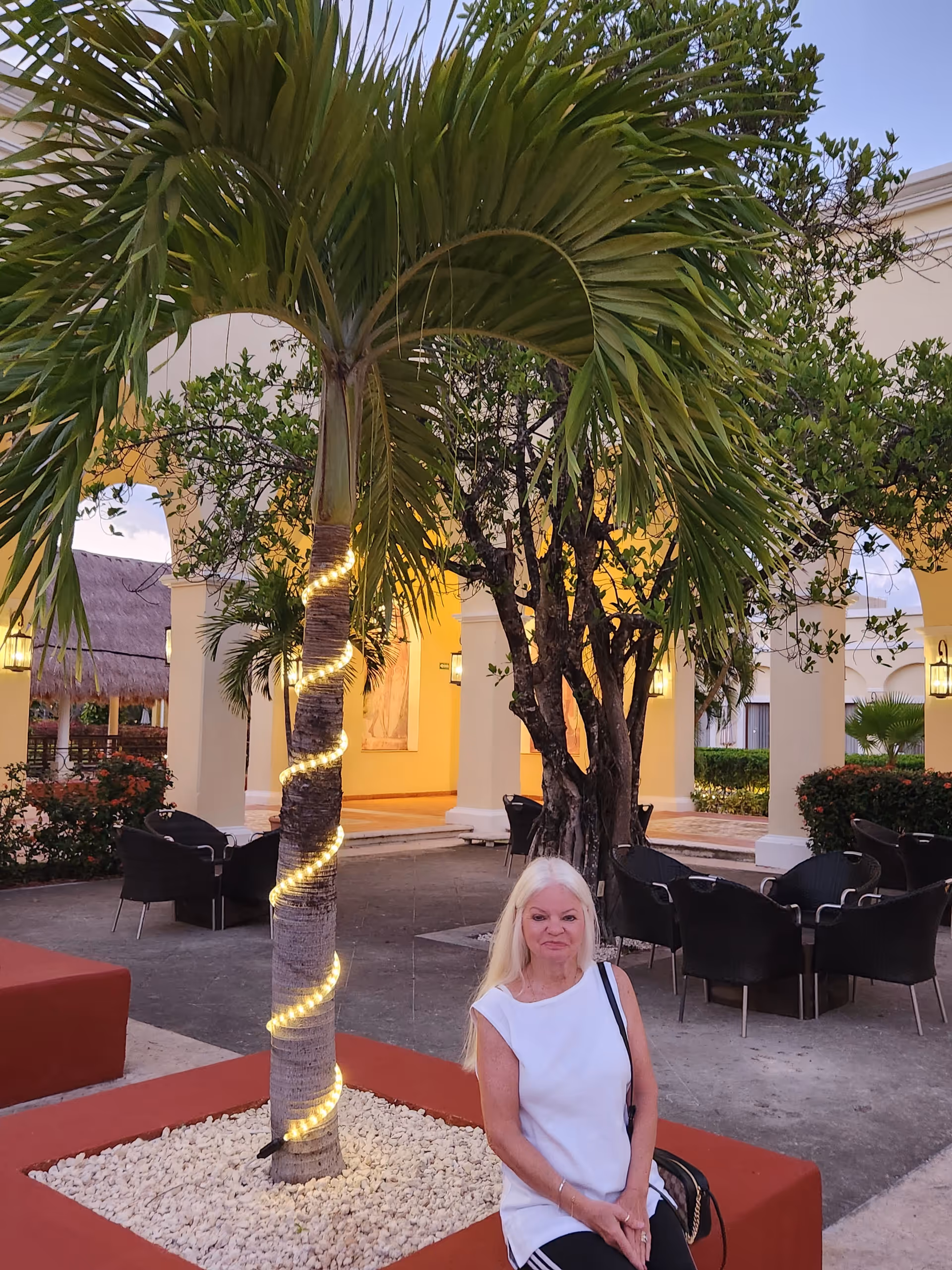 An elderly woman sits outdoors in a courtyard with palm trees and string lights.