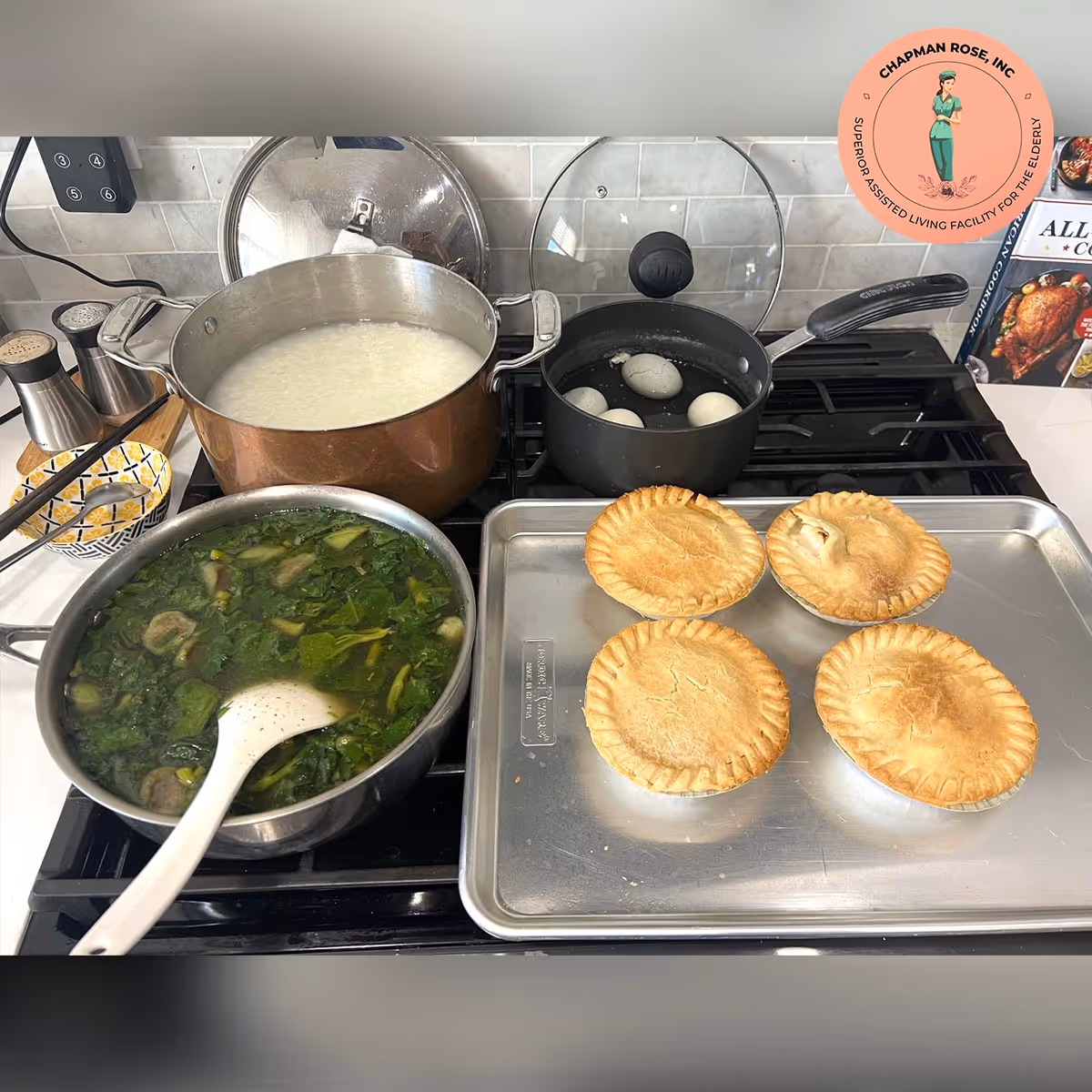 Stovetop kitchen with a copper pot, greens soup, boiling eggs, and four pies.