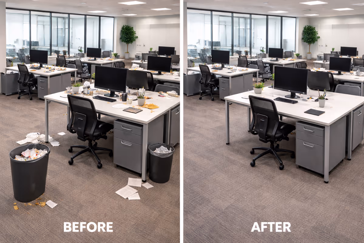 Split-screen office workspace with desks, computers, and scattered trash before and after cleaning.