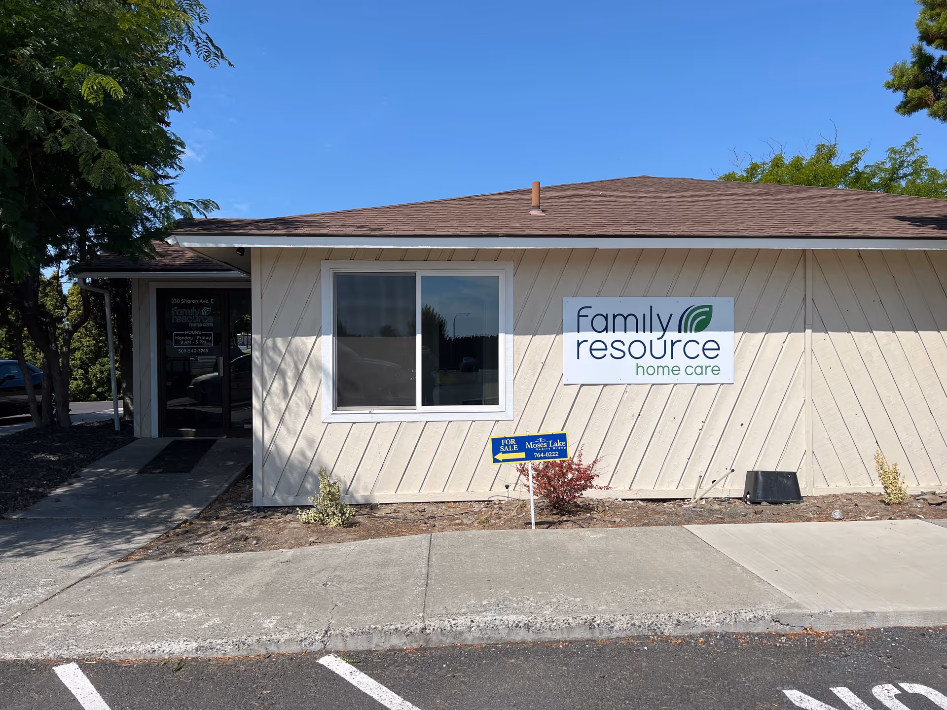Front exterior of a single-story building with a Family Resource Home Care sign.