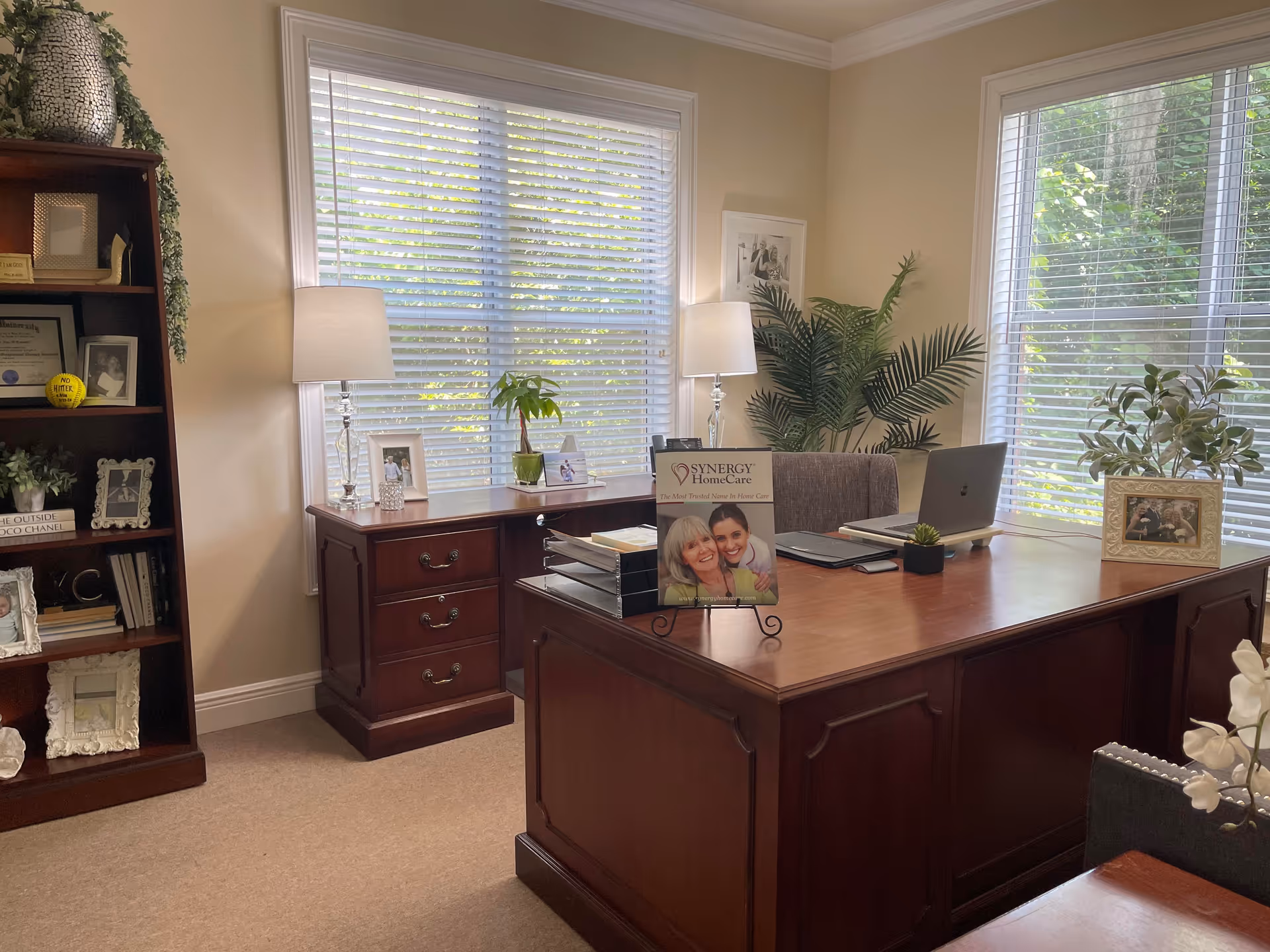 A polished wood desk in a bright, plant-filled office with large windows.