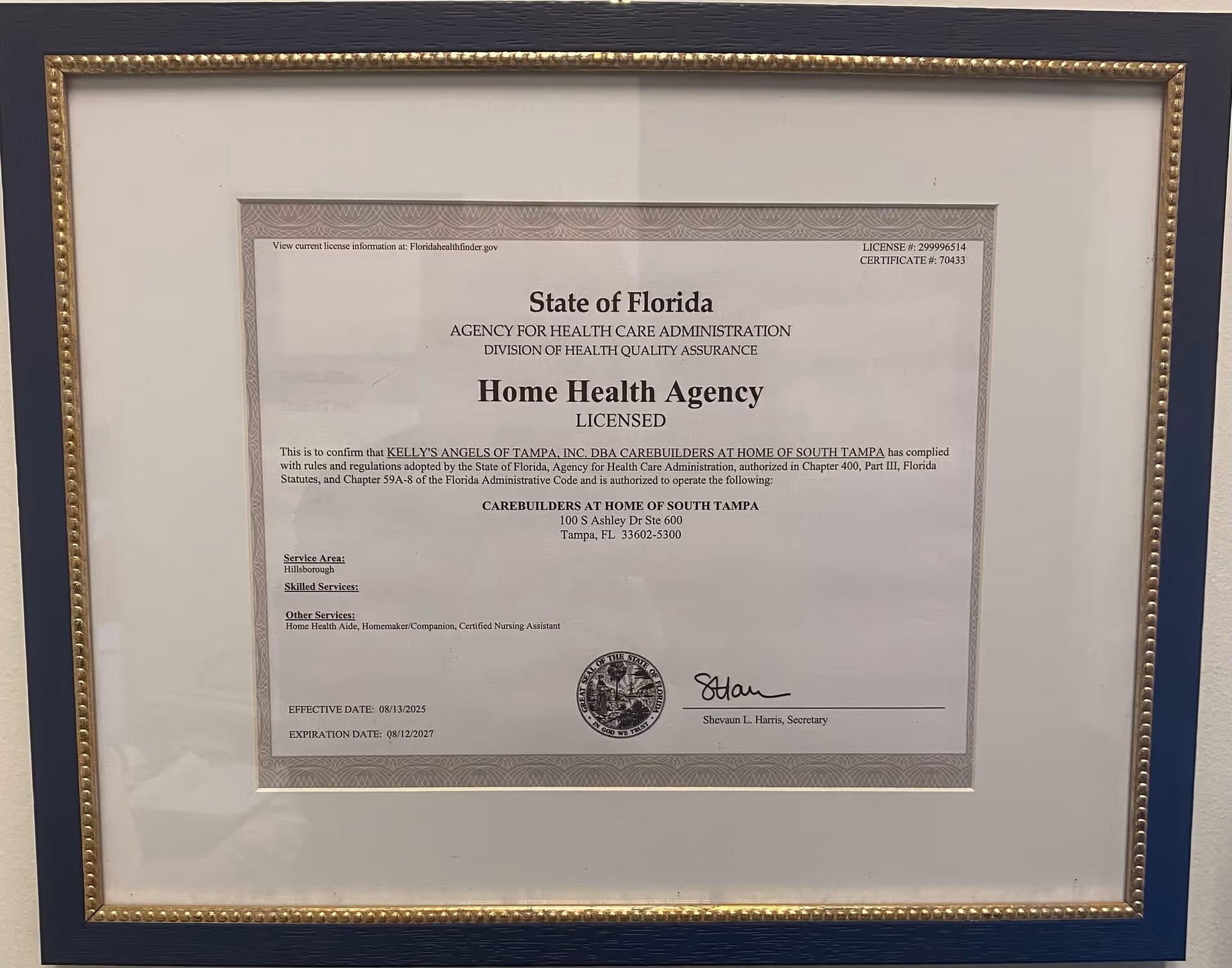 Framed license certificate on a wall inside CareBuilders At Home facility.