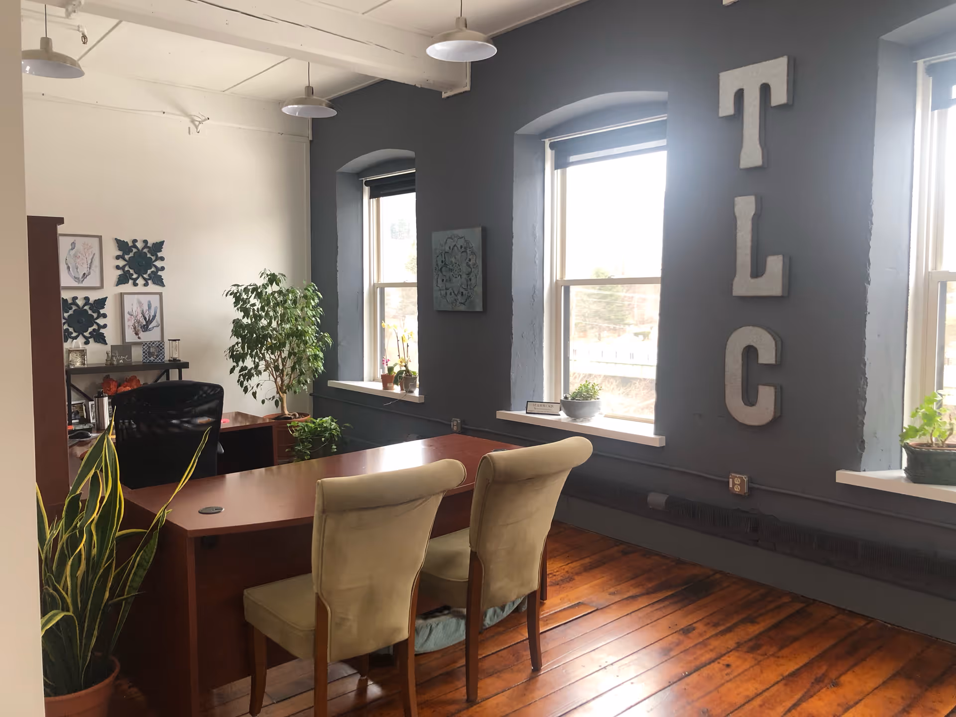 Office area with desk, two chairs, plants, lamps, and TLC letters on a blue wall.