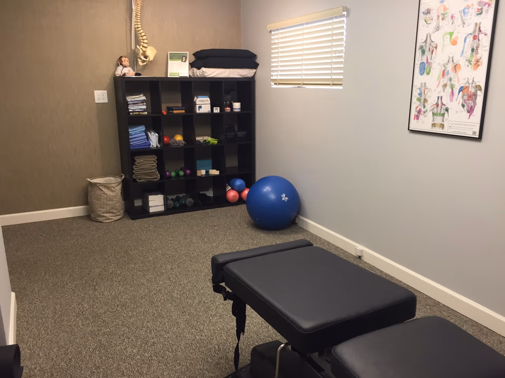 Small therapy room with massage table, exercise gear, shelves, and a wall chart.