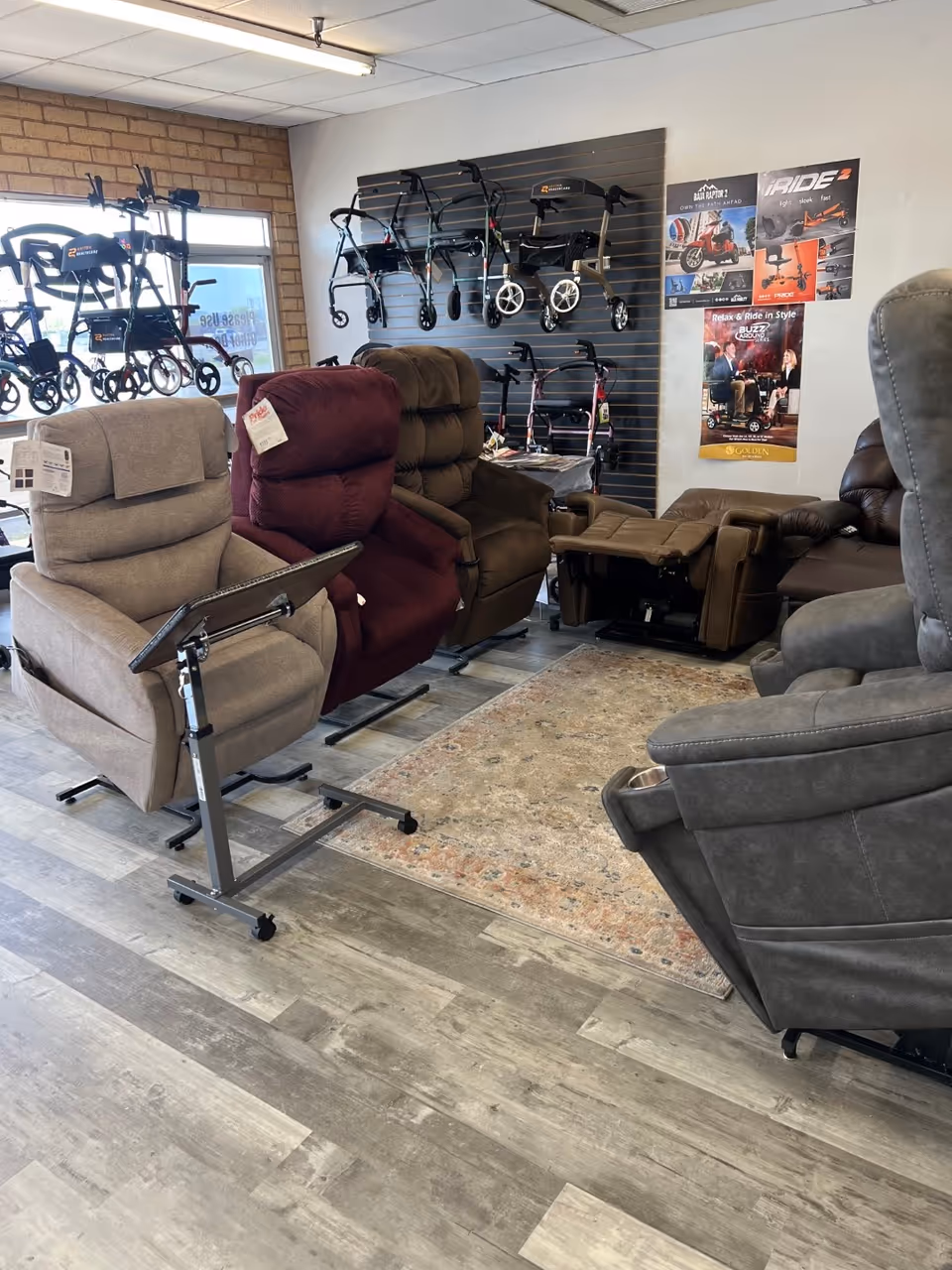 Gallant Medical Supply showroom displays recliners, lift chairs, and mobility aids along a wall.