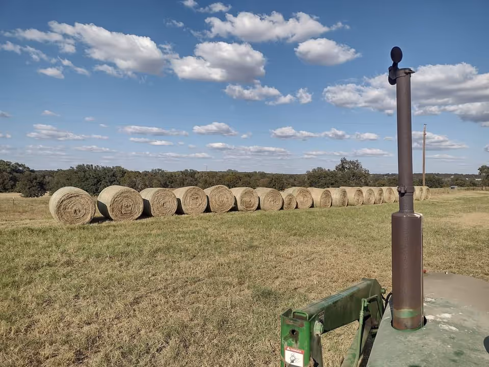 Row of round hay bales in a grassy field under a blue sky.