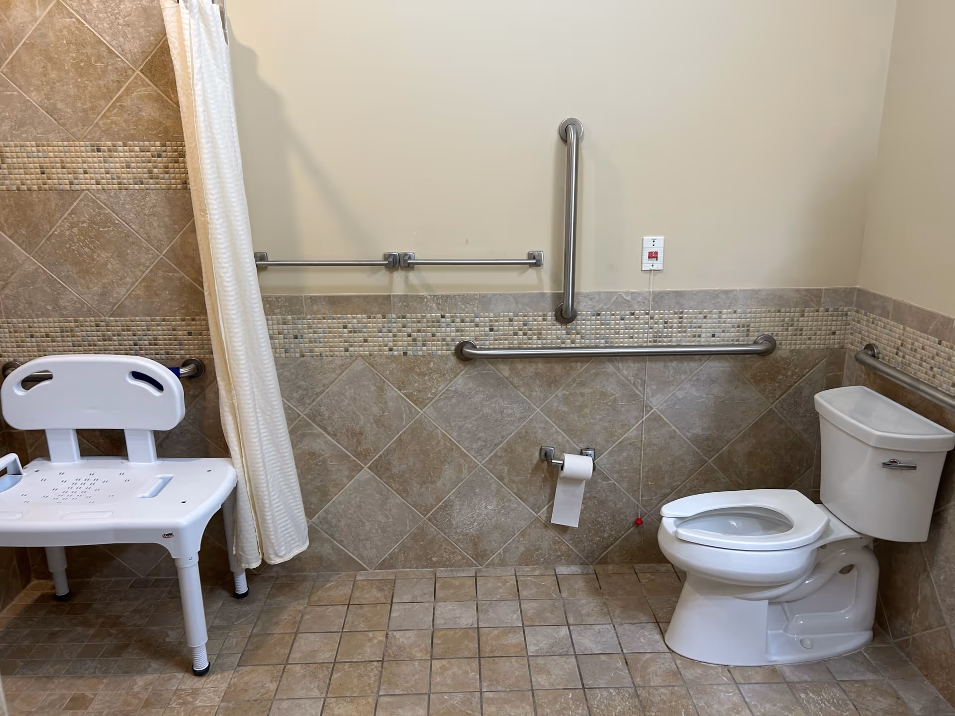 Accessible bathroom featuring shower chair, grab bars, curtain, and a toilet.