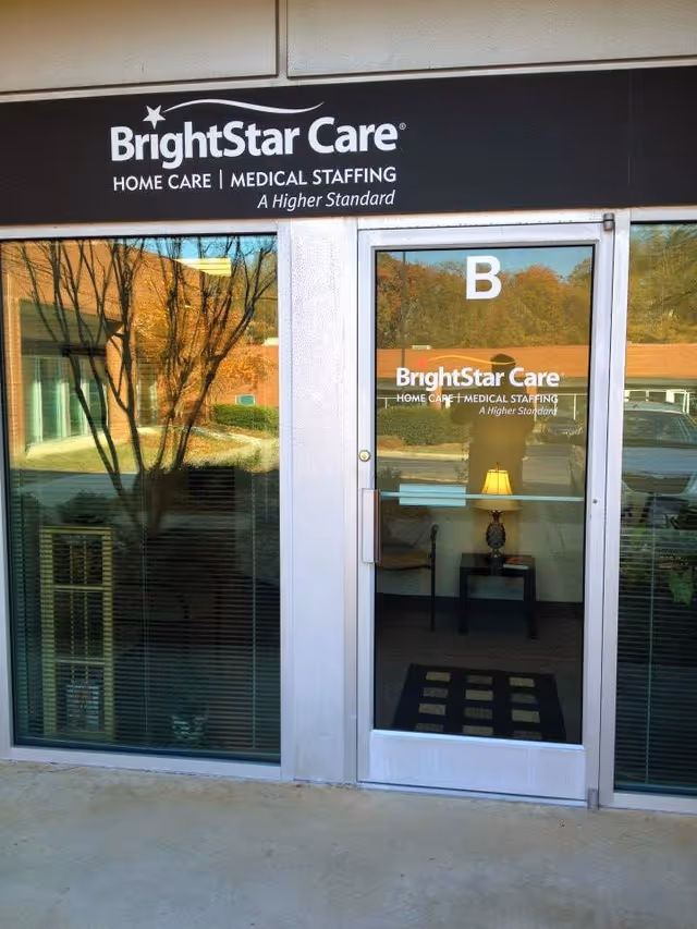 BrightStar Care storefront with glass entrance and signage above the door.