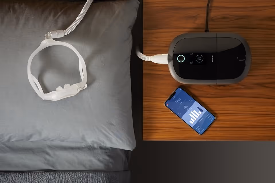 A bed with a grey pillow, a CPAP machine on the nightstand, and a smartphone.
