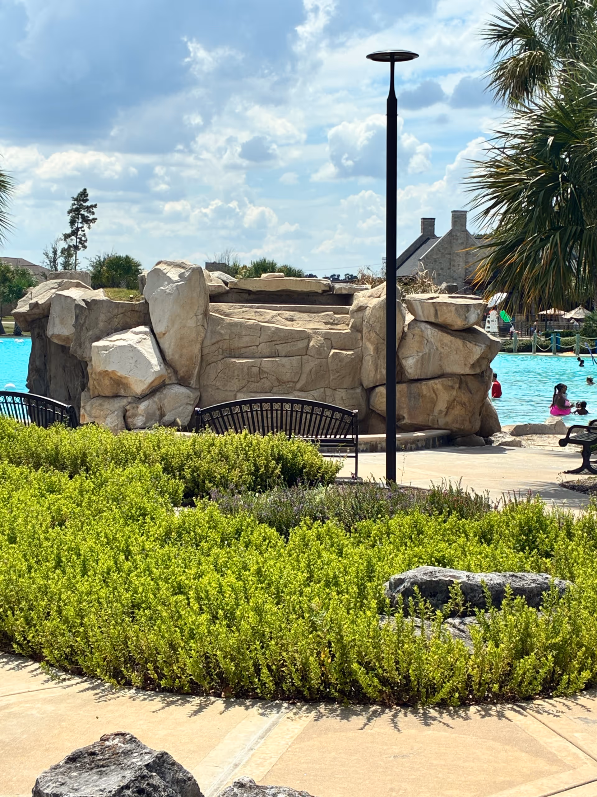 Outdoor pool area with rock formations, benches, palm trees, and landscaped shrubs.