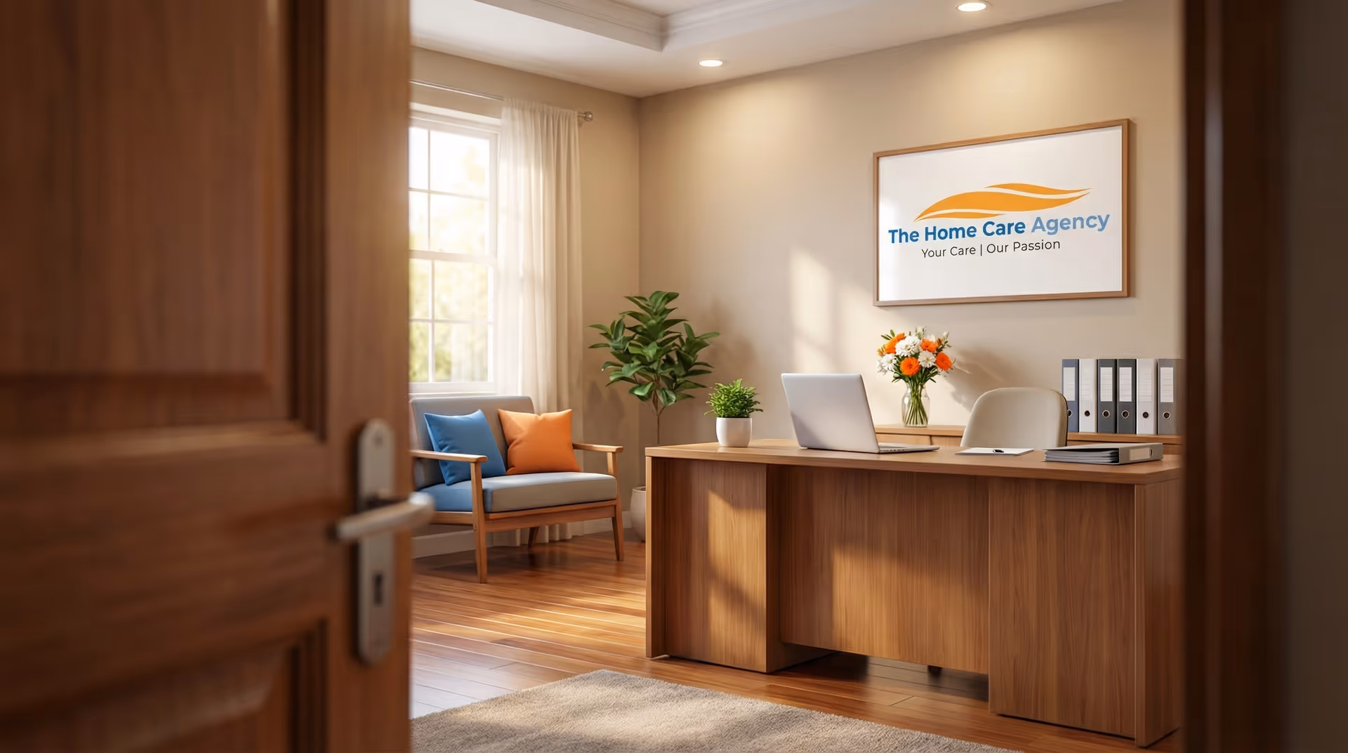 Reception desk with laptop, flowers, and seating in a warm office.